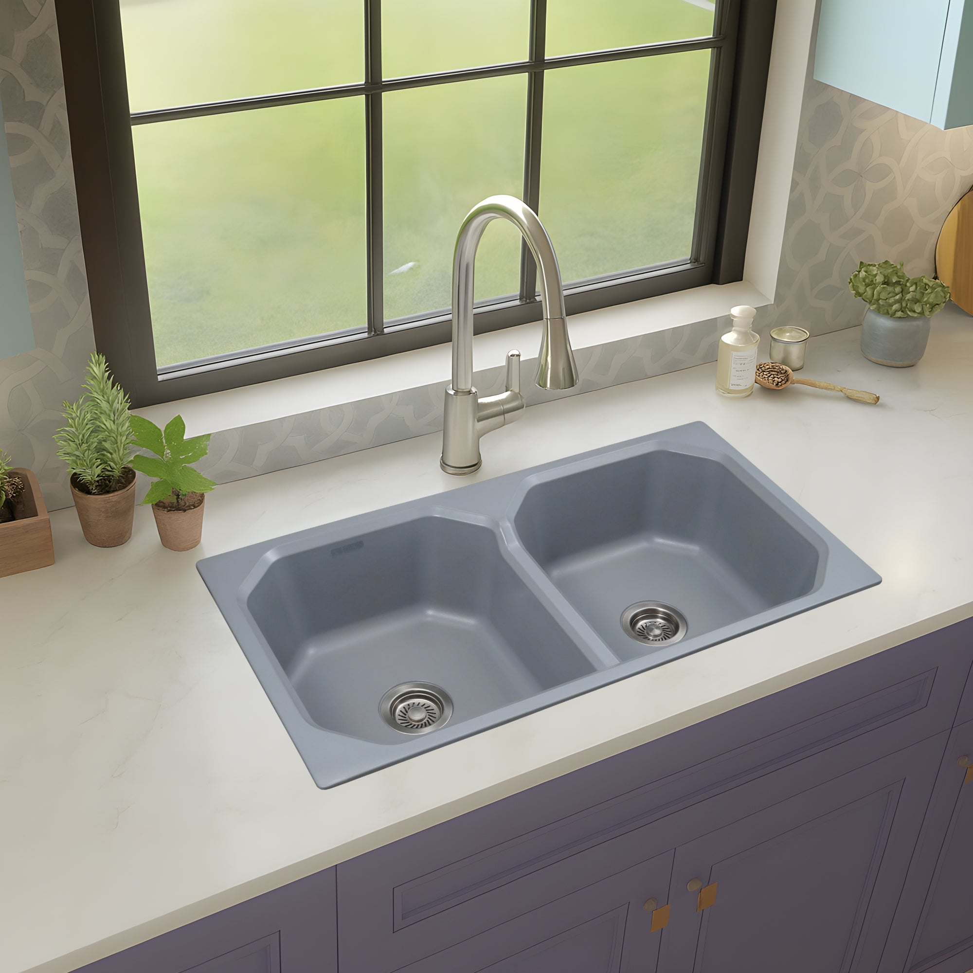 Asiatique Double Bowl Quartz Kitchen Sink (D402 - CARNIVAL), Granite Finish, 304 Grade SS coupling, Slop Drain, Noise Reduction Design | 37 x 20 x 8 inches