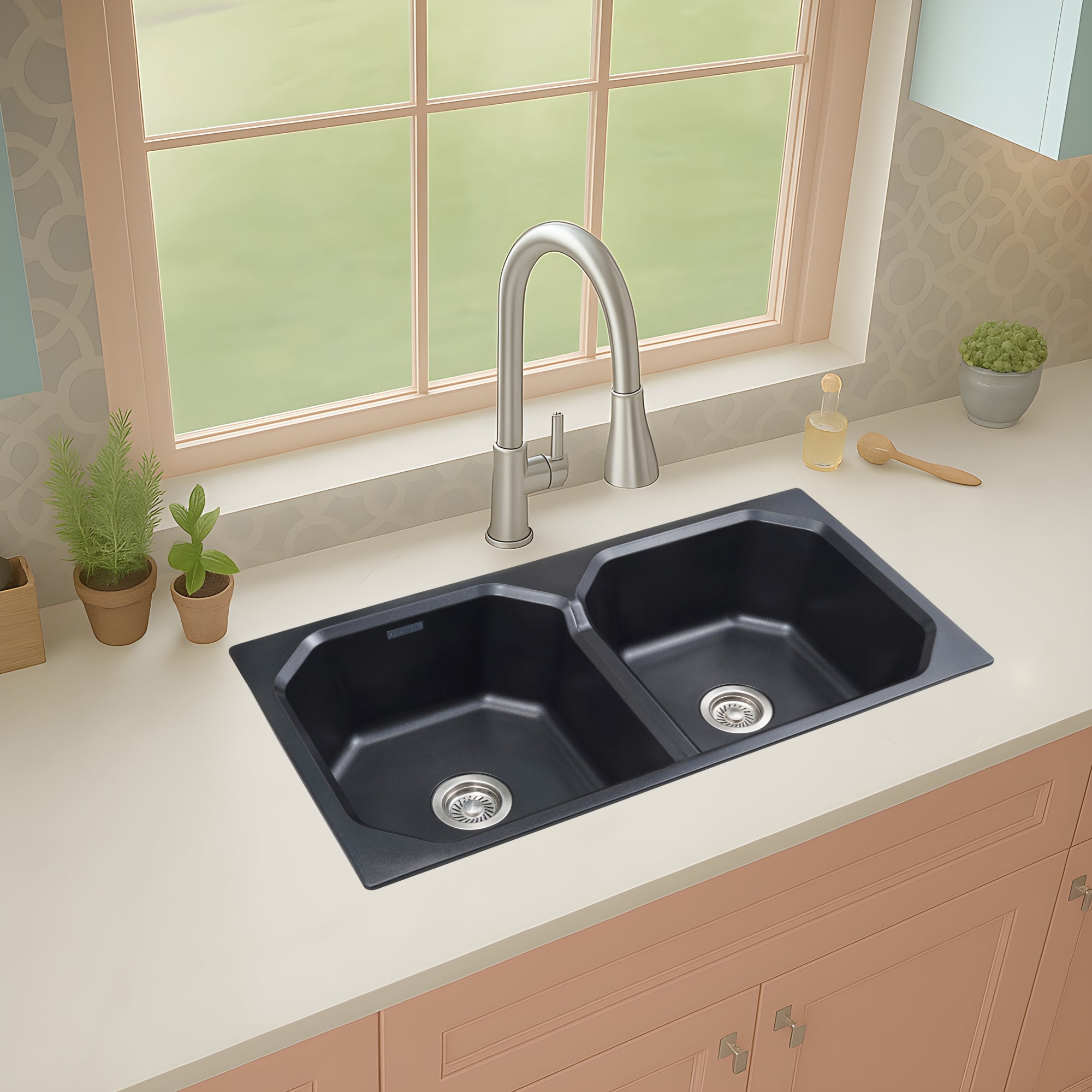 Asiatique Double Bowl Quartz Kitchen Sink (D402 - CARNIVAL), Granite Finish, 304 Grade SS coupling, Slop Drain, Noise Reduction Design | 37 x 20 x 8 inches