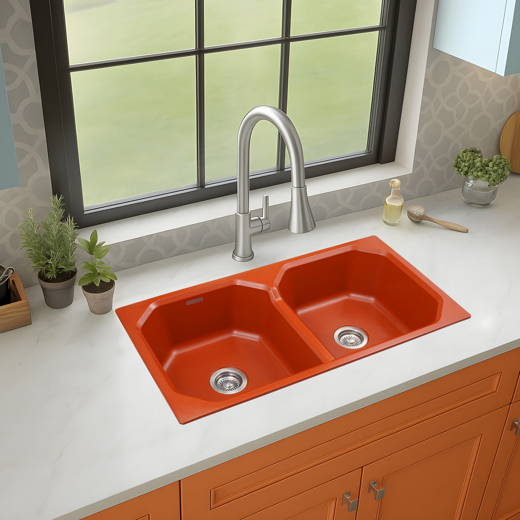 Asiatique Quartz Kitchen Sink D–402 (CARNIVAL) | 37" x 20" | German Quartz Double Bowl | Top, Flush & Under Mount