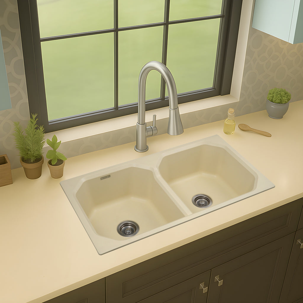 Asiatique Double Bowl Quartz Kitchen Sink (D402 - CARNIVAL), Granite Finish, 304 Grade SS coupling, Slop Drain, Noise Reduction Design | 37 x 20 x 8 inches
