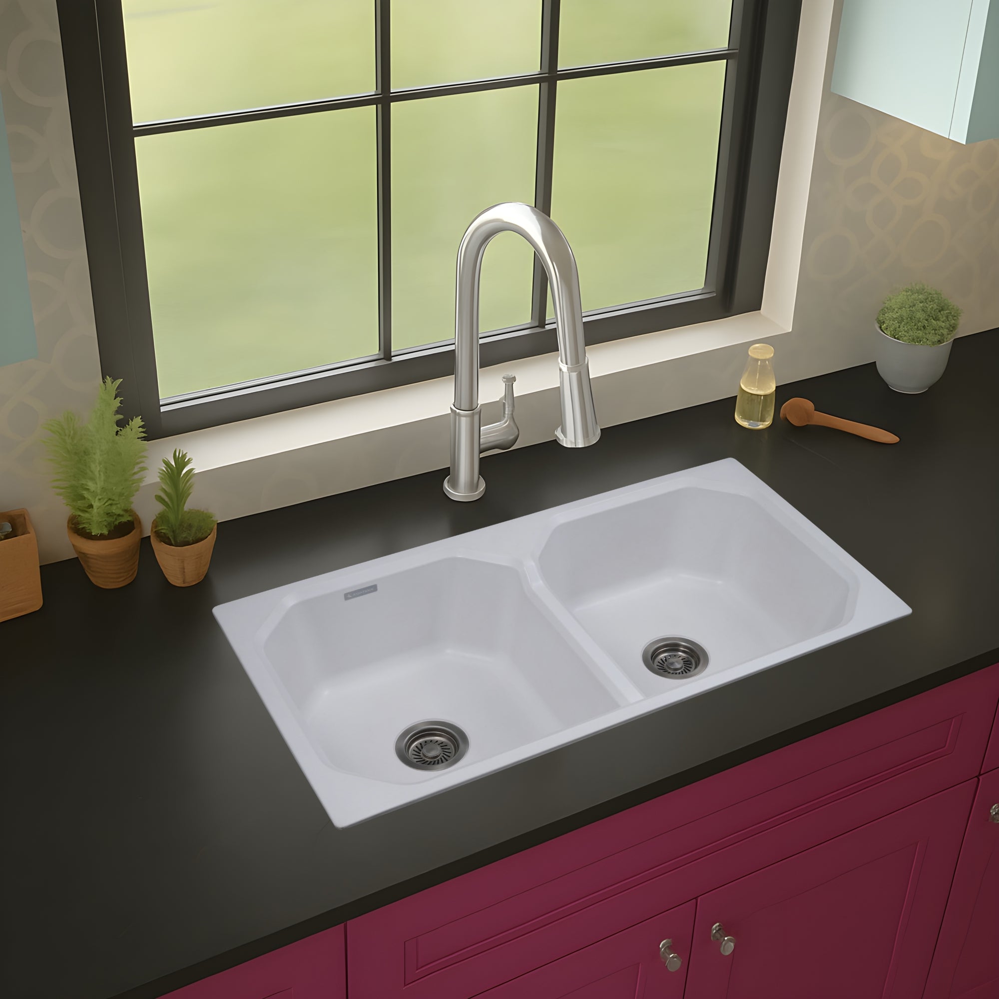 Asiatique Quartz Kitchen Sink D–402 (CARNIVAL) | 37" x 20" | German Quartz Double Bowl | Top, Flush & Under Mount