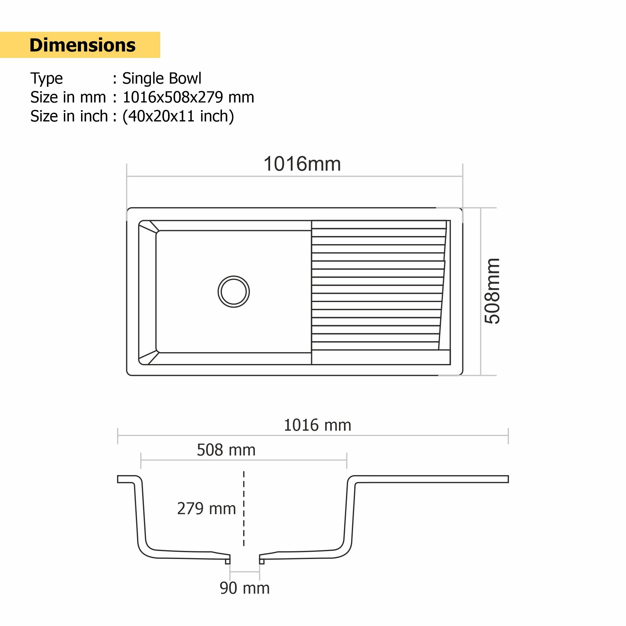 Asiatique Single Bowl Laundry Quartz Kitchen Sink (D403 - QUEEN), Granite Finish, 304 Grade SS coupling, Slop Drain, Noise Reduction Design | 40 x 20 x 10 inches
