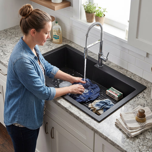 Asiatique Single Bowl Laundry Quartz Kitchen Sink (D403 - QUEEN), Granite Finish, 304 Grade SS coupling, Slop Drain, Noise Reduction Design | 40 x 20 x 10 inches