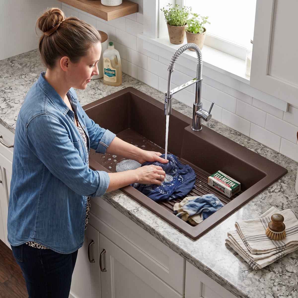 Asiatique Single Bowl Laundry Quartz Kitchen Sink (D403 - QUEEN), Granite Finish, 304 Grade SS coupling, Slop Drain, Noise Reduction Design | 40 x 20 x 10 inches