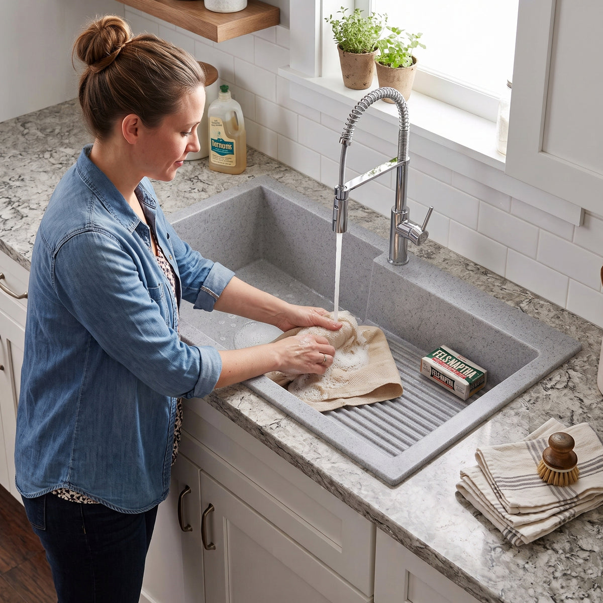 Asiatique Single Bowl Laundry Quartz Kitchen Sink (D403 - QUEEN), Granite Finish, 304 Grade SS coupling, Slop Drain, Noise Reduction Design | 40 x 20 x 10 inches