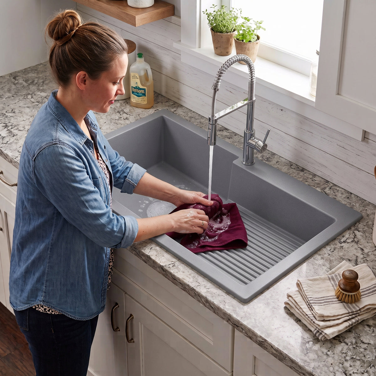 Asiatique Single Bowl Laundry Quartz Kitchen Sink (D403 - QUEEN), Granite Finish, 304 Grade SS coupling, Slop Drain, Noise Reduction Design | 40 x 20 x 10 inches