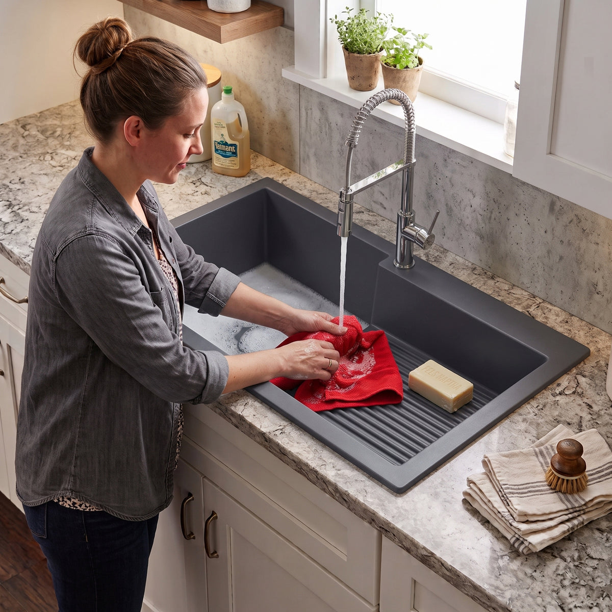 Asiatique Single Bowl Laundry Quartz Kitchen Sink (D403 - QUEEN), Granite Finish, 304 Grade SS coupling, Slop Drain, Noise Reduction Design | 40 x 20 x 10 inches