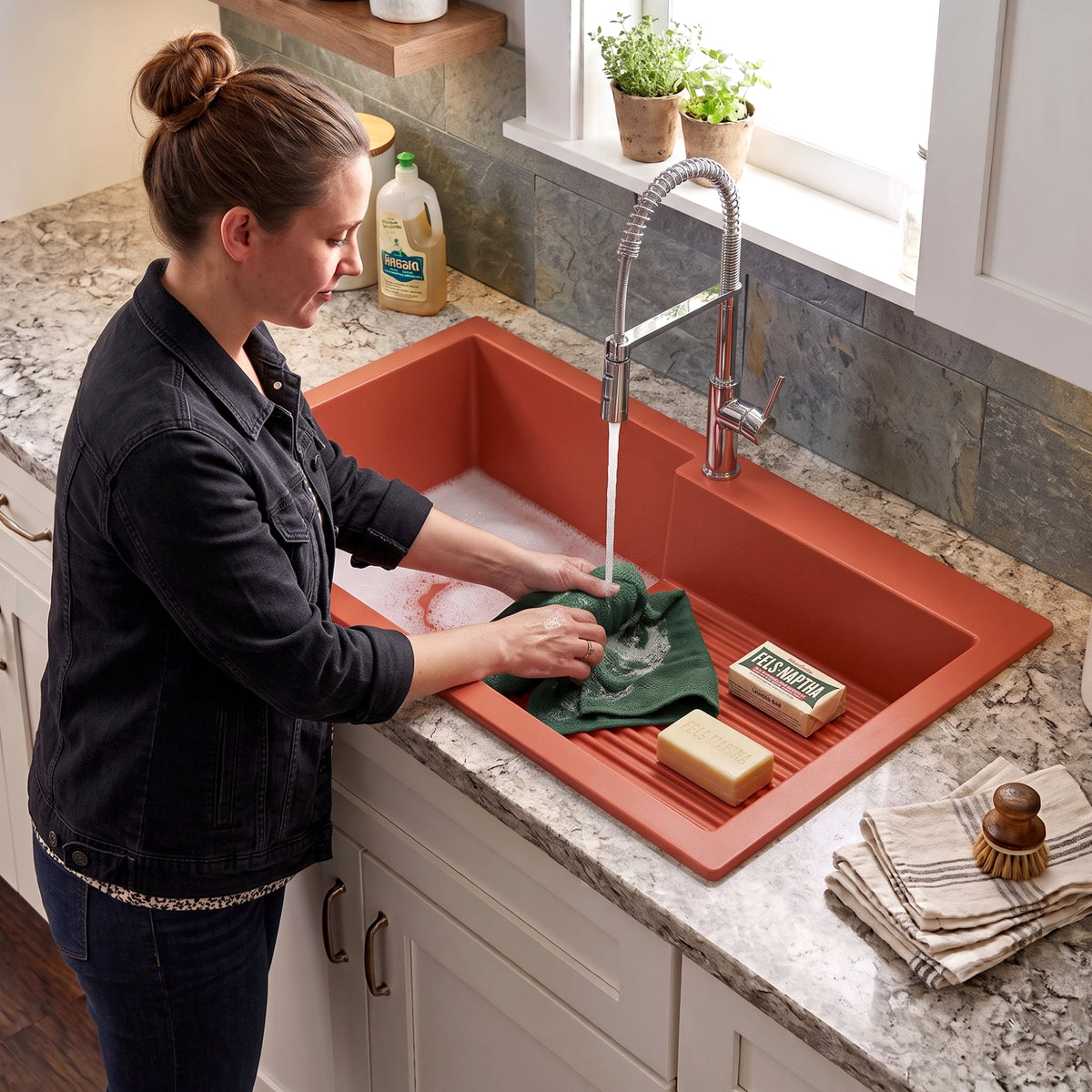 Asiatique Single Bowl Laundry Quartz Kitchen Sink (D403 - QUEEN), Granite Finish, 304 Grade SS coupling, Slop Drain, Noise Reduction Design | 40 x 20 x 10 inches