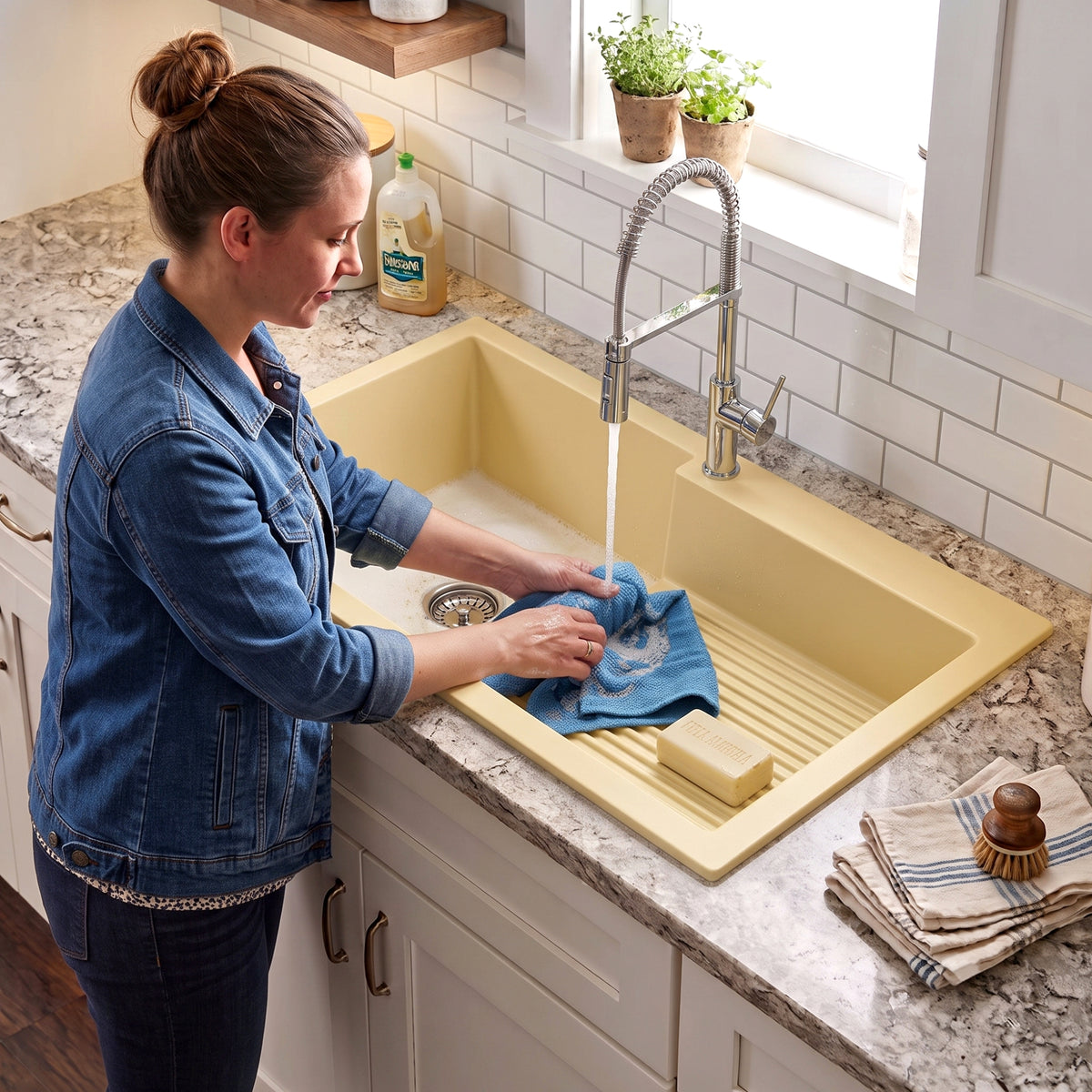 Asiatique Single Bowl Laundry Quartz Kitchen Sink (D403 - QUEEN), Granite Finish, 304 Grade SS coupling, Slop Drain, Noise Reduction Design | 40 x 20 x 10 inches