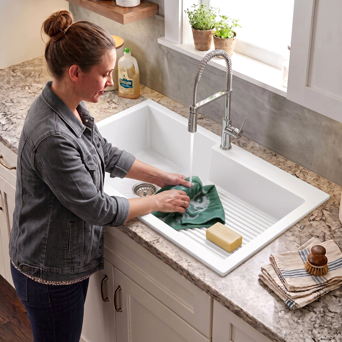 Asiatique Single Bowl Laundry Quartz Kitchen Sink (D403 - QUEEN), Granite Finish, 304 Grade SS coupling, Slop Drain, Noise Reduction Design | 40 x 20 x 10 inches