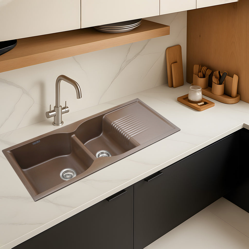 Asiatique Quartz Kitchen Sink D-501 (LEXA) | 45" x 19.5" | German Quartz Double Bowl with Drain | Top, Flush & Under Mount
