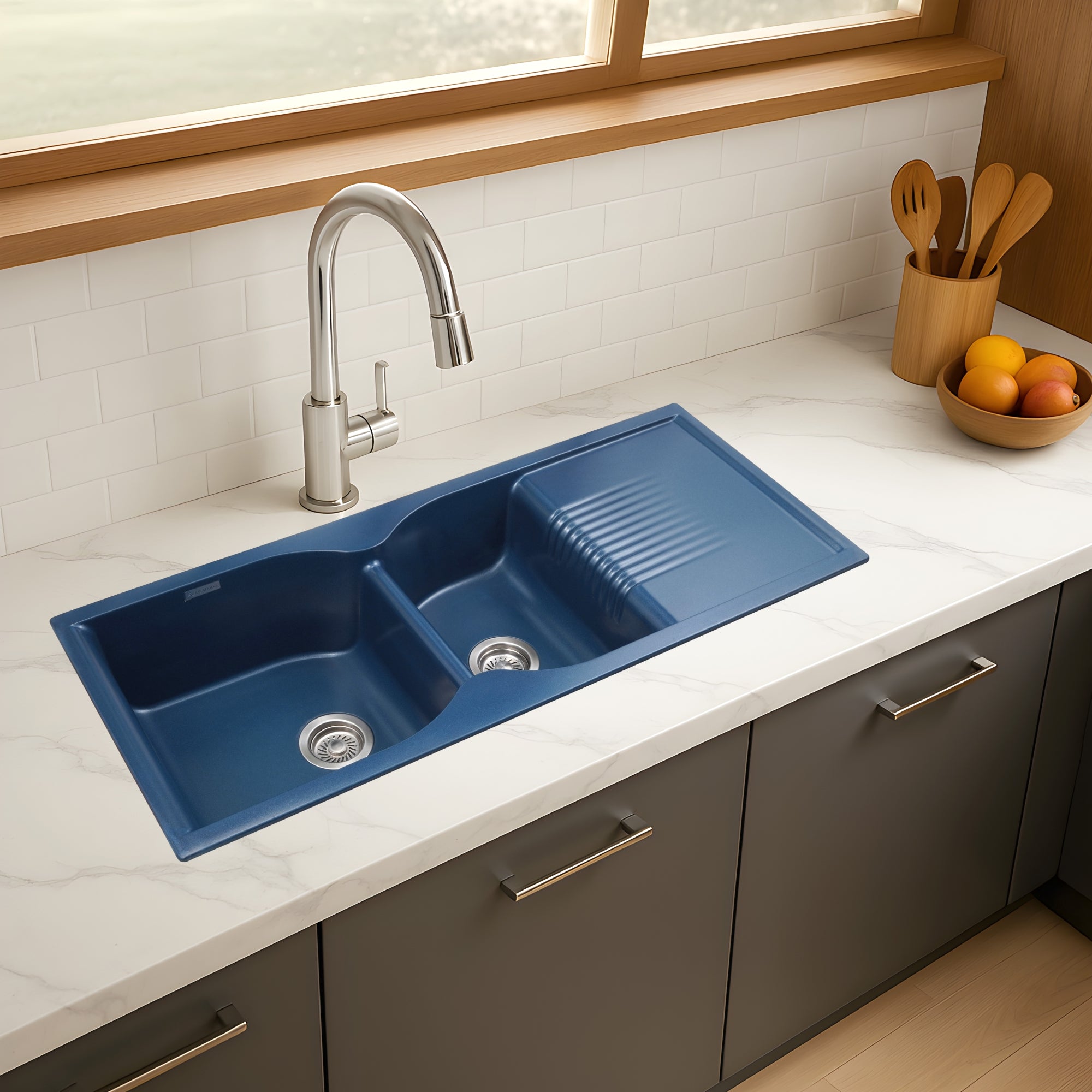 Asiatique Double Bowl with Drain Quartz Kitchen Sink (D501 - LEXA), Granite Finish, 304 Grade SS coupling, Slop Drain, Noise Reduction Design | 45 x 19.5 x 8 inches