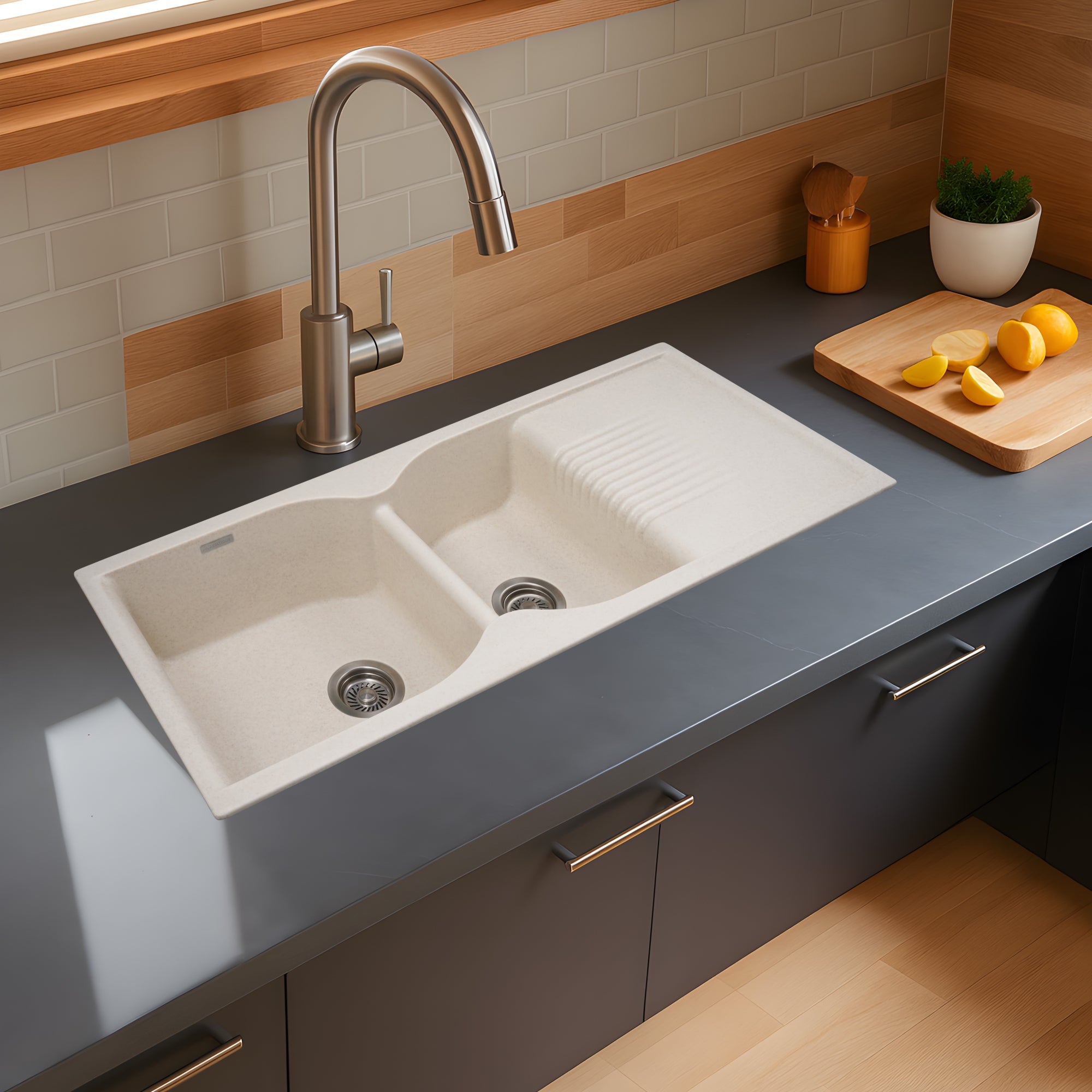 Asiatique Double Bowl with Drain Quartz Kitchen Sink (D501 - LEXA), Granite Finish, 304 Grade SS coupling, Slop Drain, Noise Reduction Design | 45 x 19.5 x 8 inches