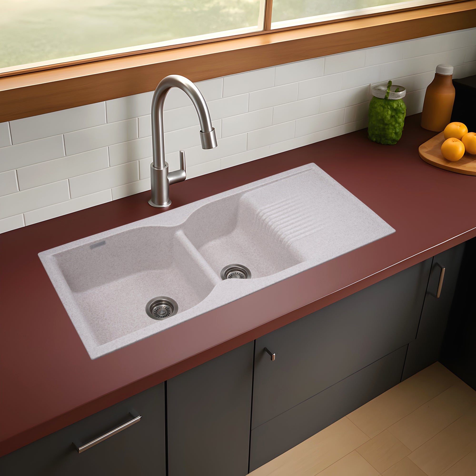 Asiatique Double Bowl with Drain Quartz Kitchen Sink (D501 - LEXA), Granite Finish, 304 Grade SS coupling, Slop Drain, Noise Reduction Design | 45 x 19.5 x 8 inches