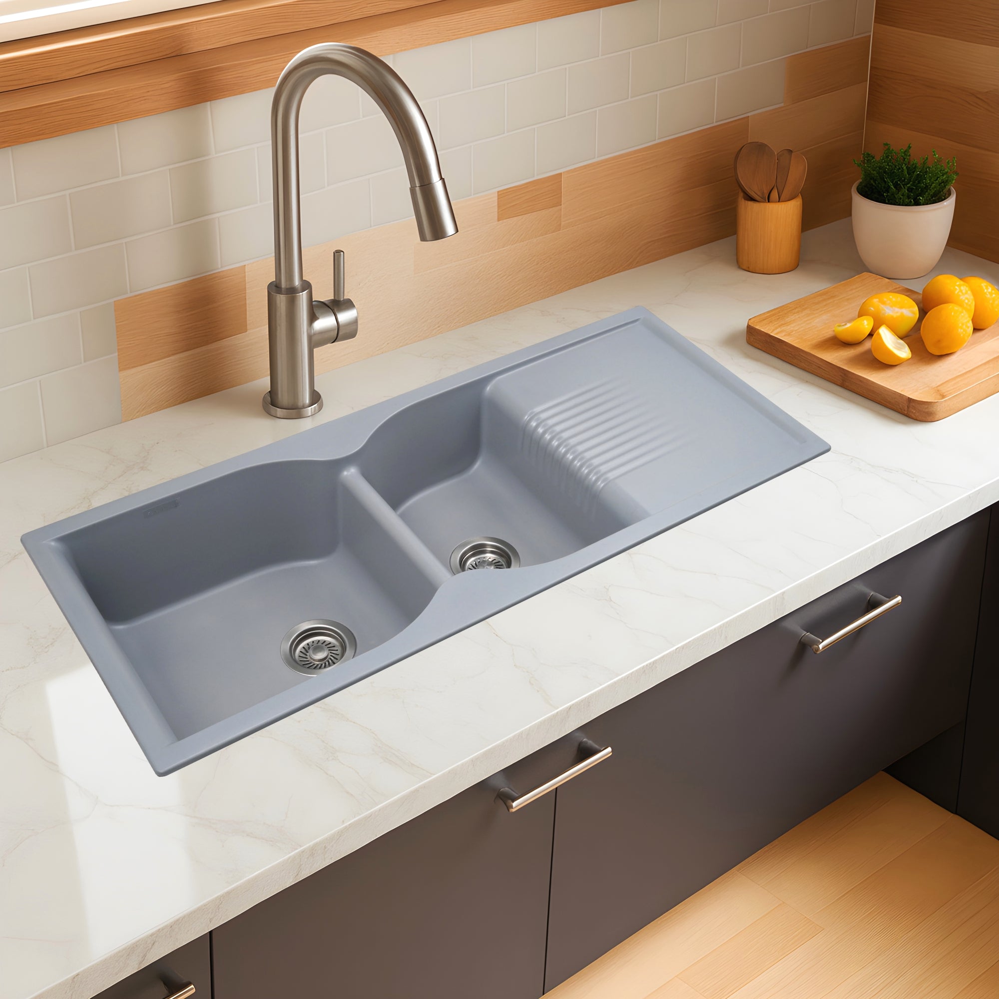 Asiatique Double Bowl with Drain Quartz Kitchen Sink (D501 - LEXA), Granite Finish, 304 Grade SS coupling, Slop Drain, Noise Reduction Design | 45 x 19.5 x 8 inches