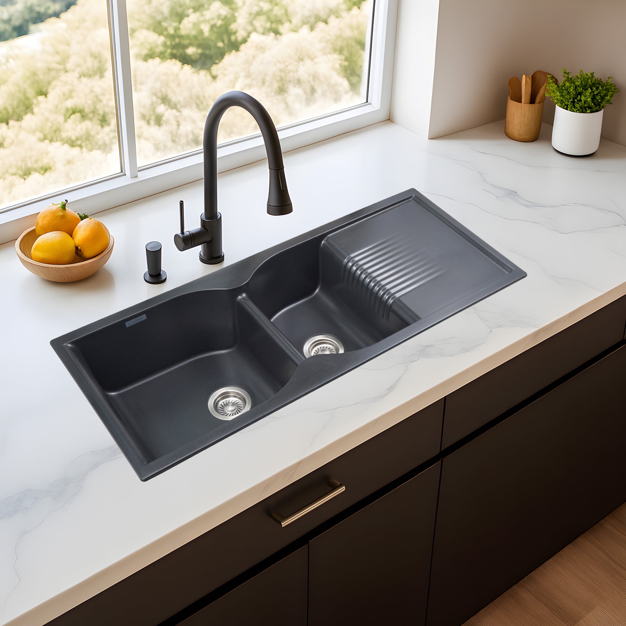 Asiatique Granite Kitchen Sink D-501 (LEXA) | 45" x 19.5" | German Quartz Double Bowl with Drain | Top, Flush & Under Mount