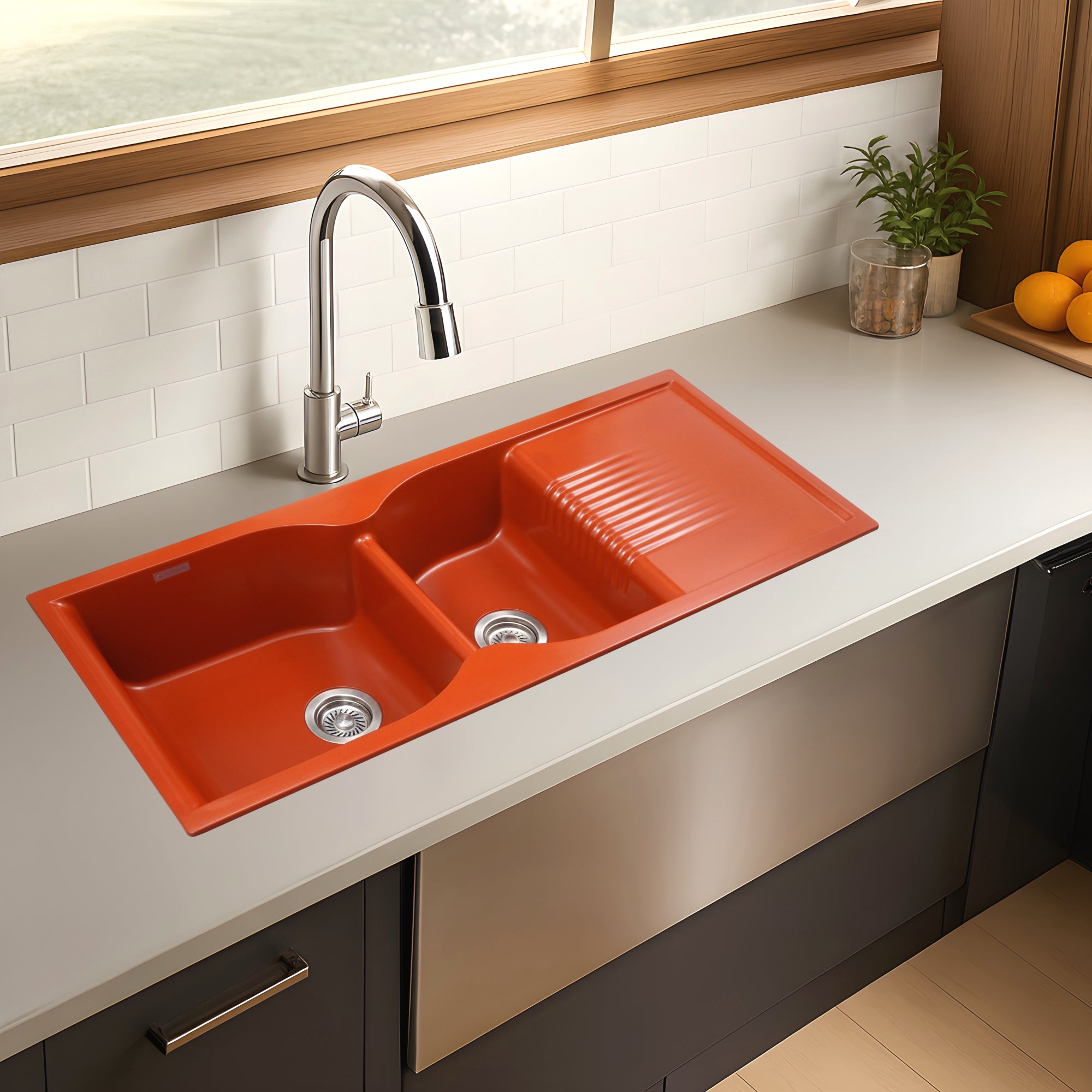 Asiatique Double Bowl with Drain Quartz Kitchen Sink (D501 - LEXA), Granite Finish, 304 Grade SS coupling, Slop Drain, Noise Reduction Design | 45 x 19.5 x 8 inches