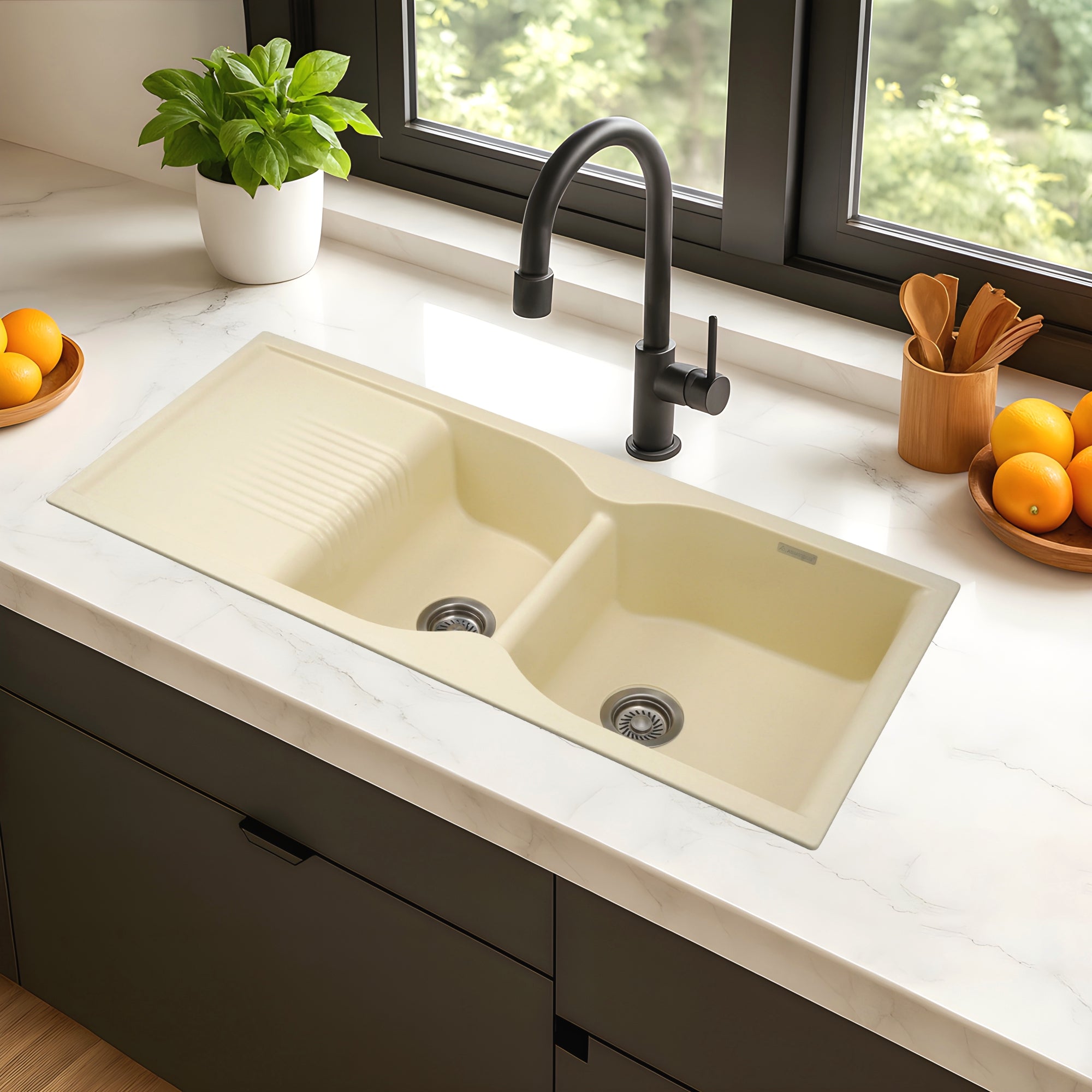 Asiatique Double Bowl with Drain Quartz Kitchen Sink (D501 - LEXA), Granite Finish, 304 Grade SS coupling, Slop Drain, Noise Reduction Design | 45 x 19.5 x 8 inches