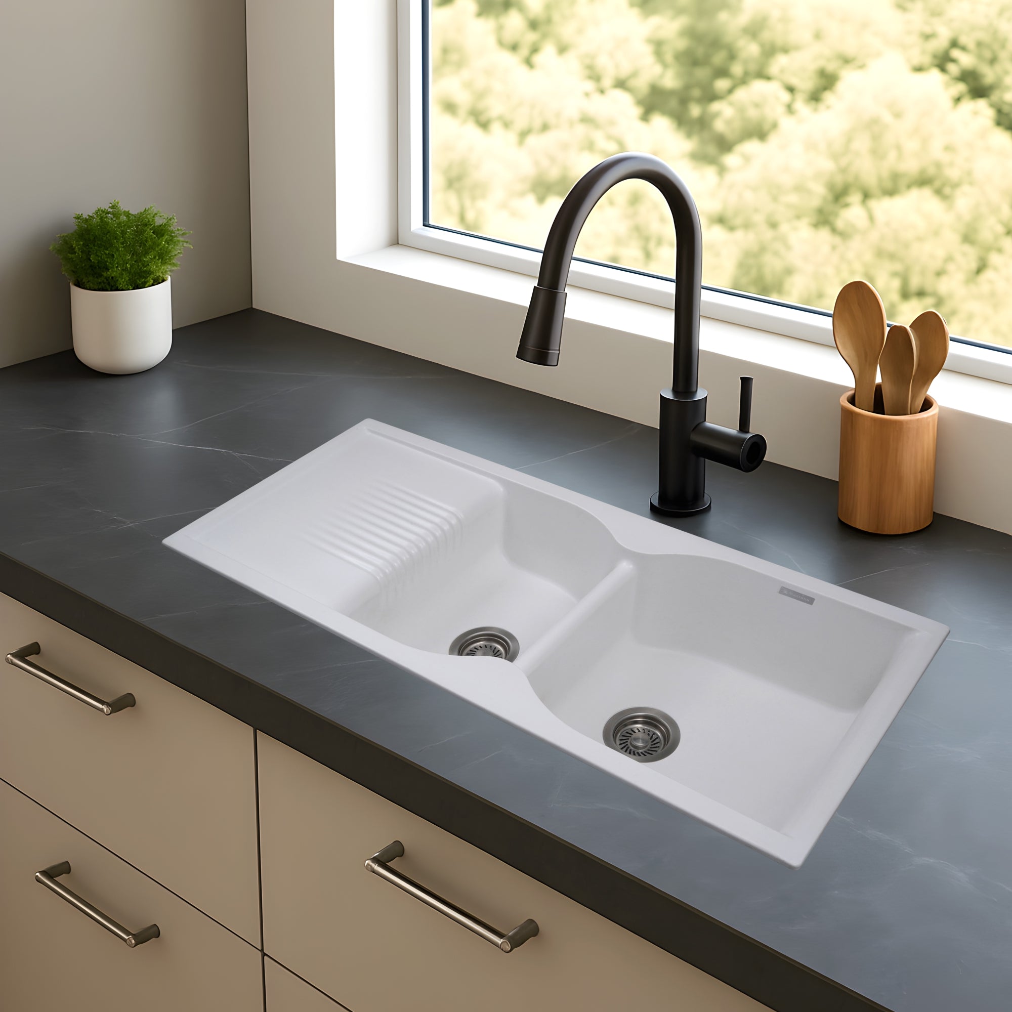 Asiatique Granite Kitchen Sink D-501 (LEXA) | 45" x 19.5" | German Quartz Double Bowl with Drain | Top, Flush & Under Mount