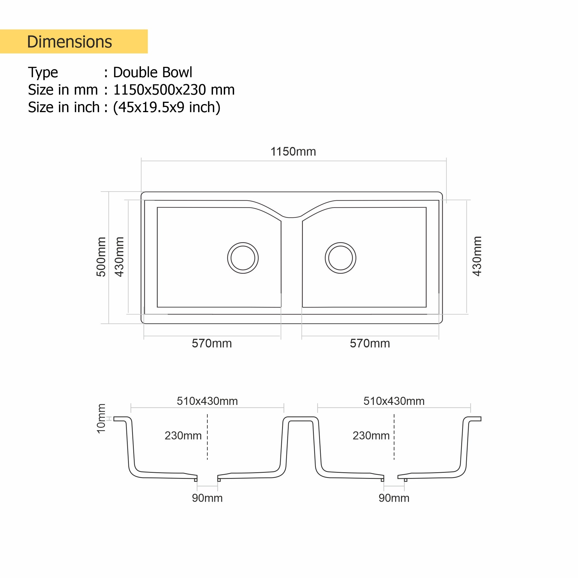 Asiatique Double Bowl Quartz Kitchen Sink (D502 - ELITE), Granite Finish, 304 Grade SS coupling, Slop Drain, Noise Reduction Design | 45 x 19.5 x 9 inches