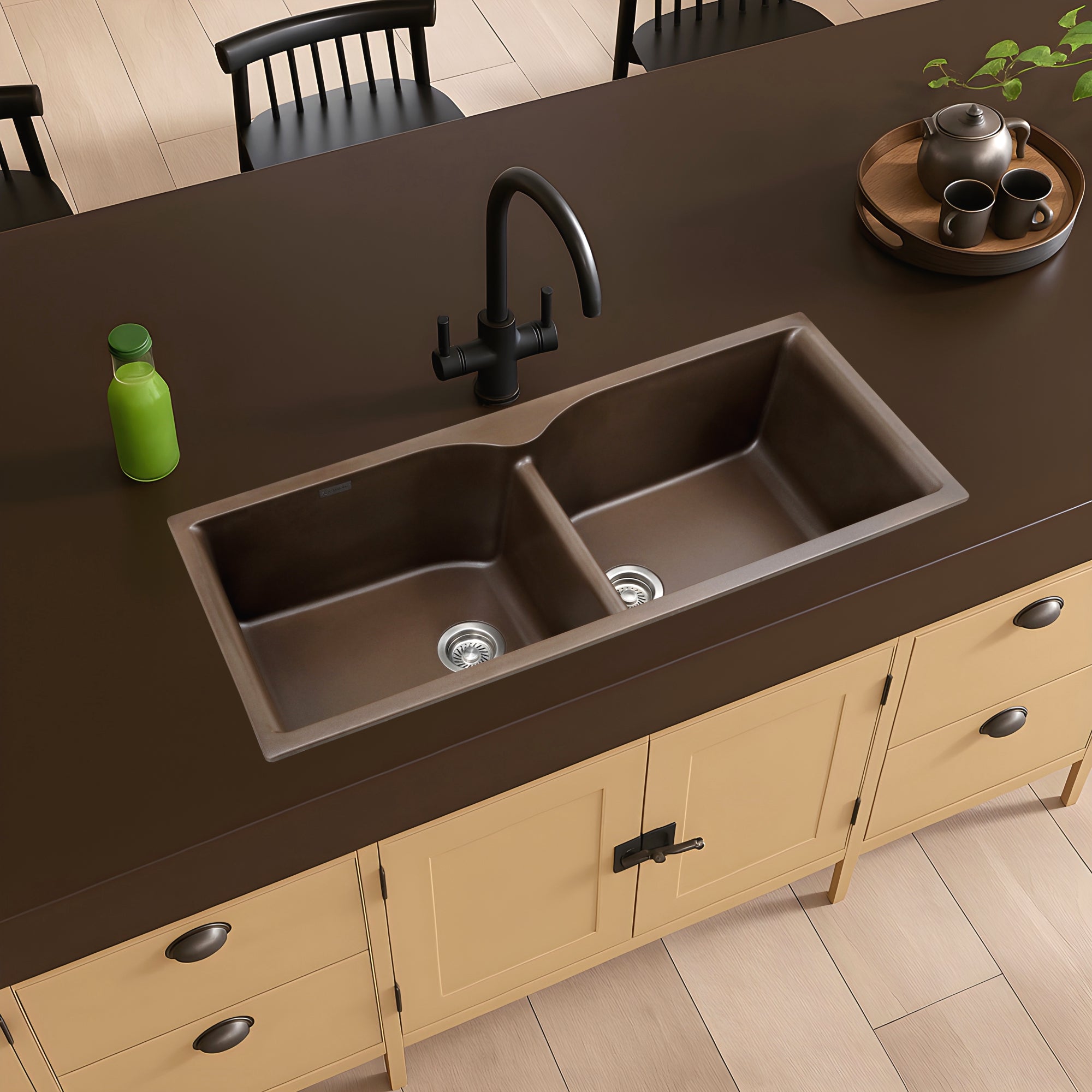 Asiatique Double Bowl Quartz Kitchen Sink (D502 - ELITE), Granite Finish, 304 Grade SS coupling, Slop Drain, Noise Reduction Design | 45 x 19.5 x 9 inches