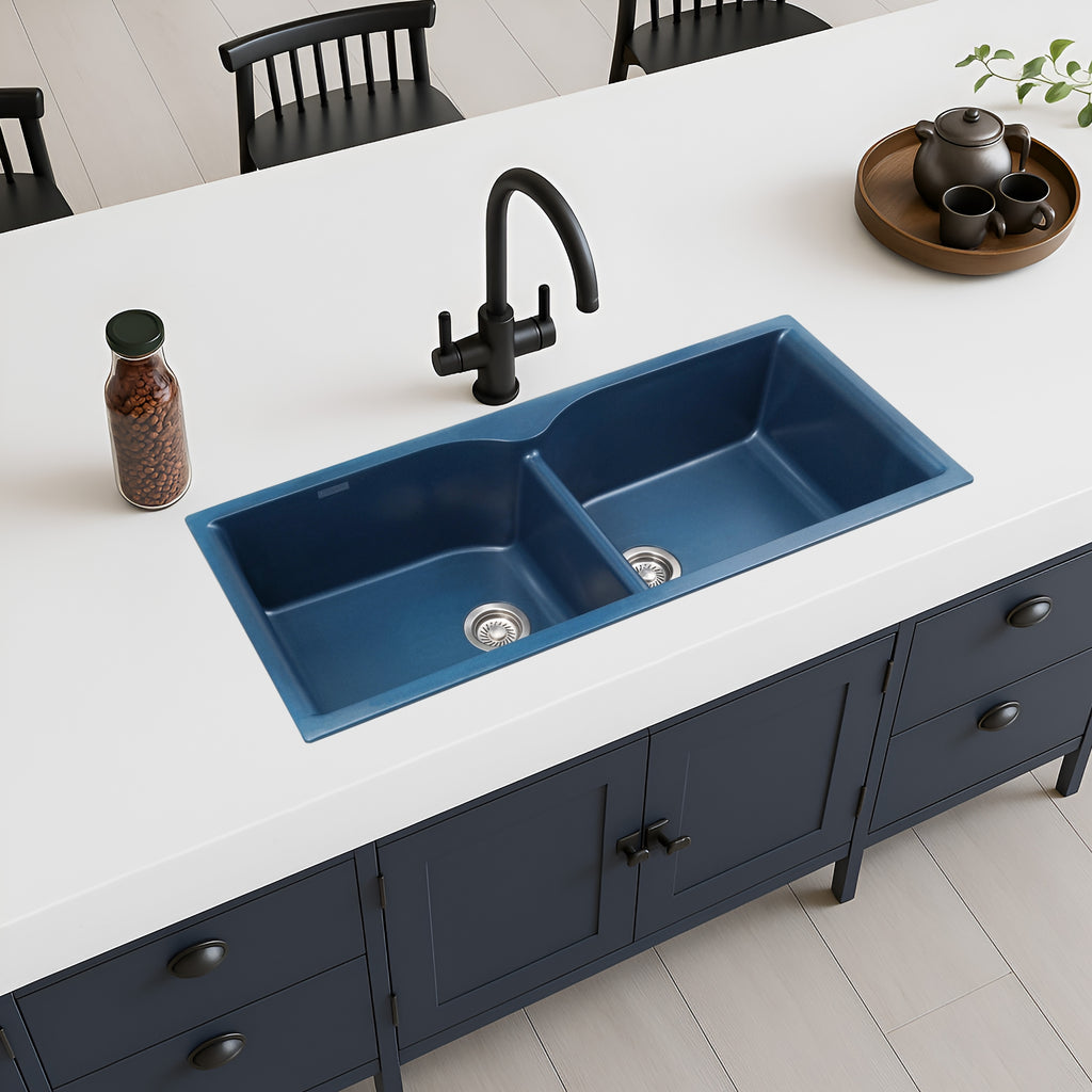 Asiatique Double Bowl Quartz Kitchen Sink (D502 - ELITE), Granite Finish, 304 Grade SS coupling, Slop Drain, Noise Reduction Design | 45 x 19.5 x 9 inches