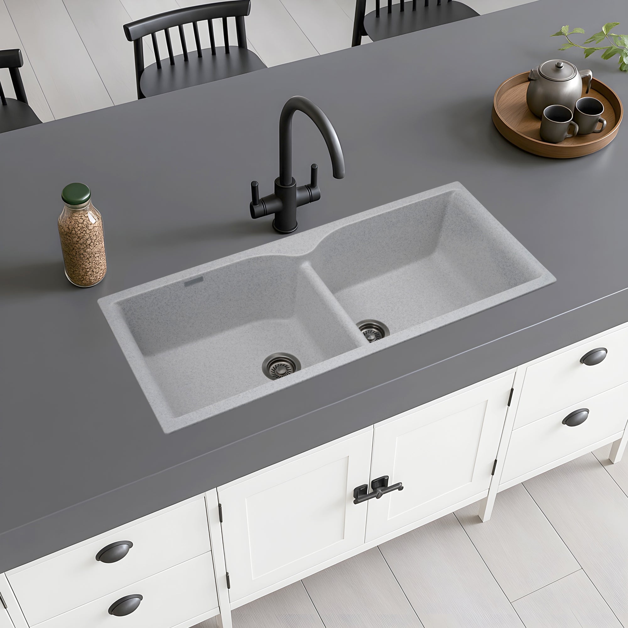 Asiatique Double Bowl Quartz Kitchen Sink (D502 - ELITE), Granite Finish, 304 Grade SS coupling, Slop Drain, Noise Reduction Design | 45 x 19.5 x 9 inches