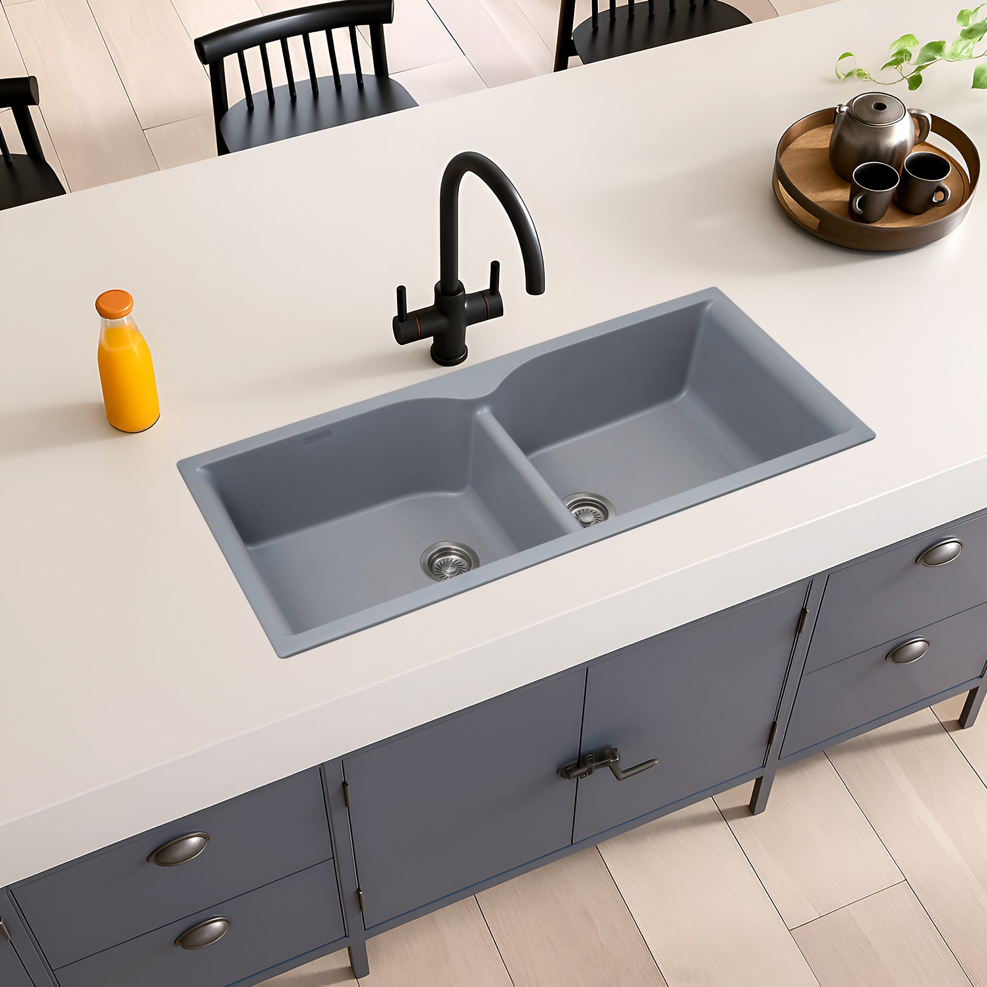 Asiatique Double Bowl Quartz Kitchen Sink (D502 - ELITE), Granite Finish, 304 Grade SS coupling, Slop Drain, Noise Reduction Design | 45 x 19.5 x 9 inches