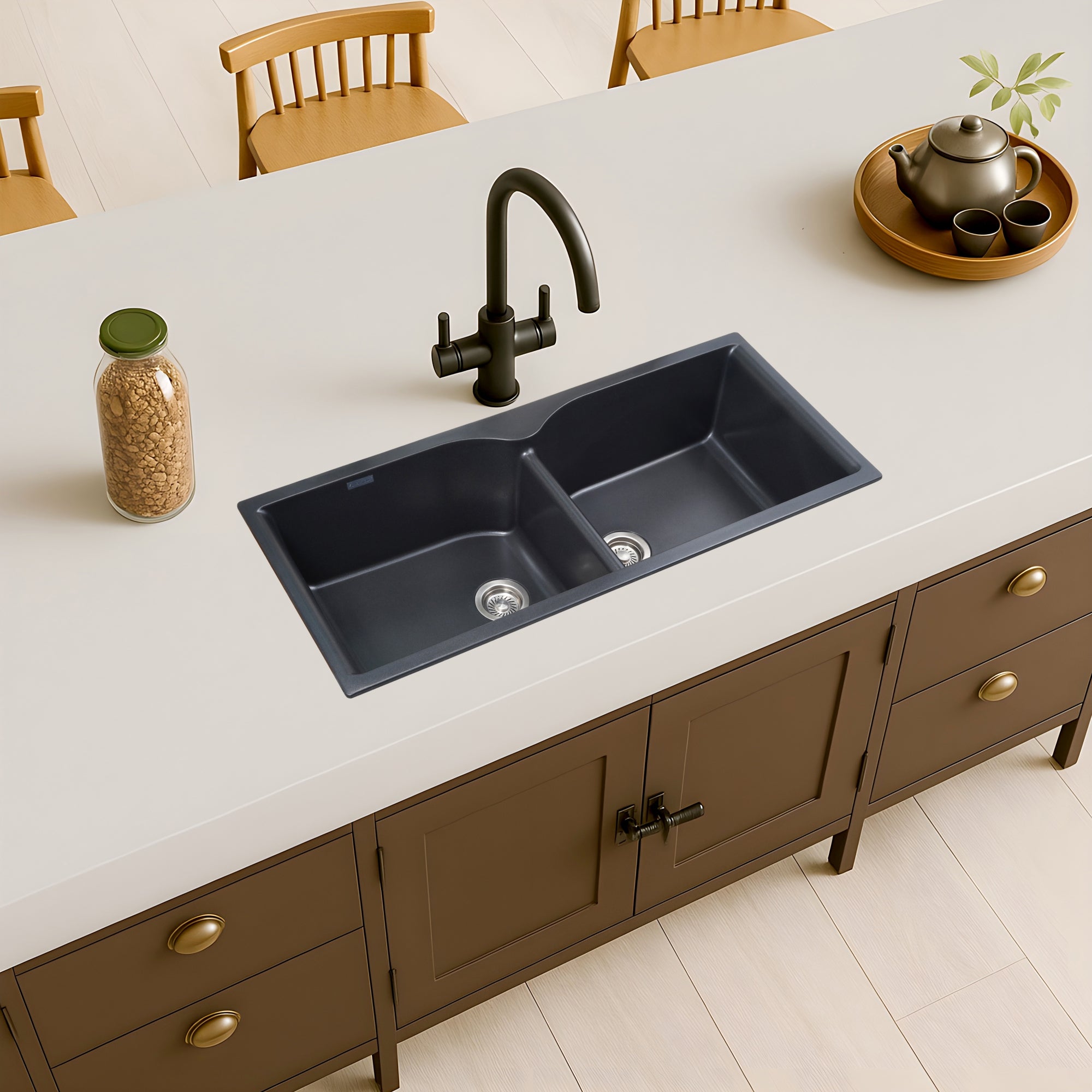 Asiatique Double Bowl Quartz Kitchen Sink (D502 - ELITE), Granite Finish, 304 Grade SS coupling, Slop Drain, Noise Reduction Design | 45 x 19.5 x 9 inches