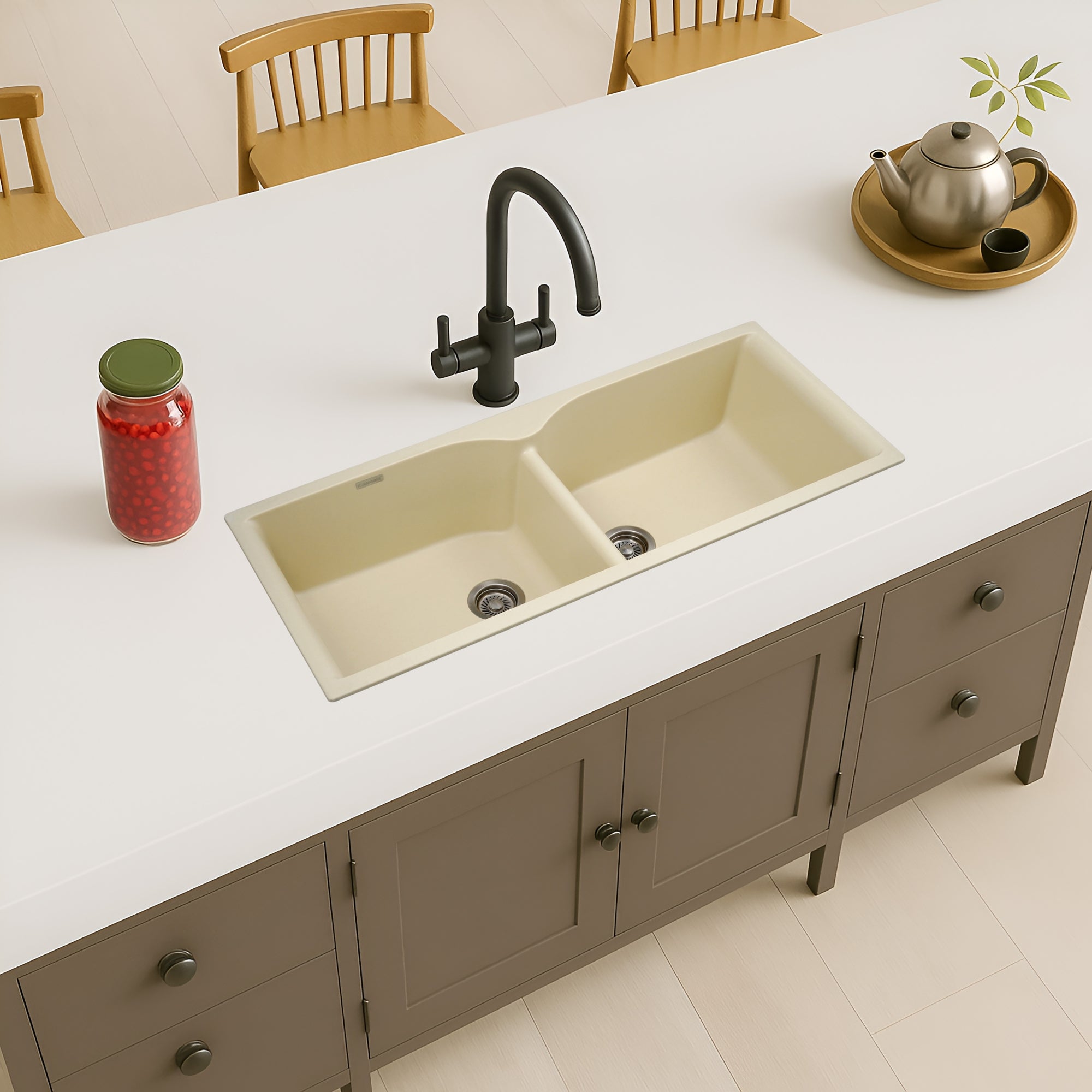 Asiatique Double Bowl Quartz Kitchen Sink (D502 - ELITE), Granite Finish, 304 Grade SS coupling, Slop Drain, Noise Reduction Design | 45 x 19.5 x 9 inches