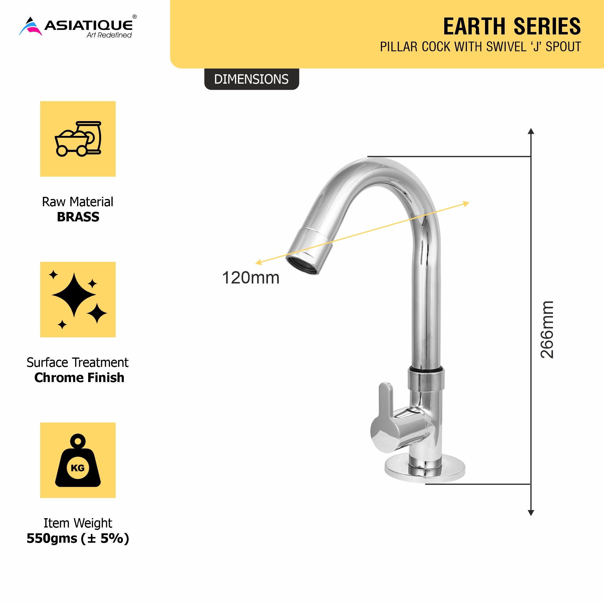 Asiatique Pillar Cock With Swivel ‘J’ Spout (ER-002), EARTH Series Bathroom & Kitchen Faucets | Durable Modern Tap Collection