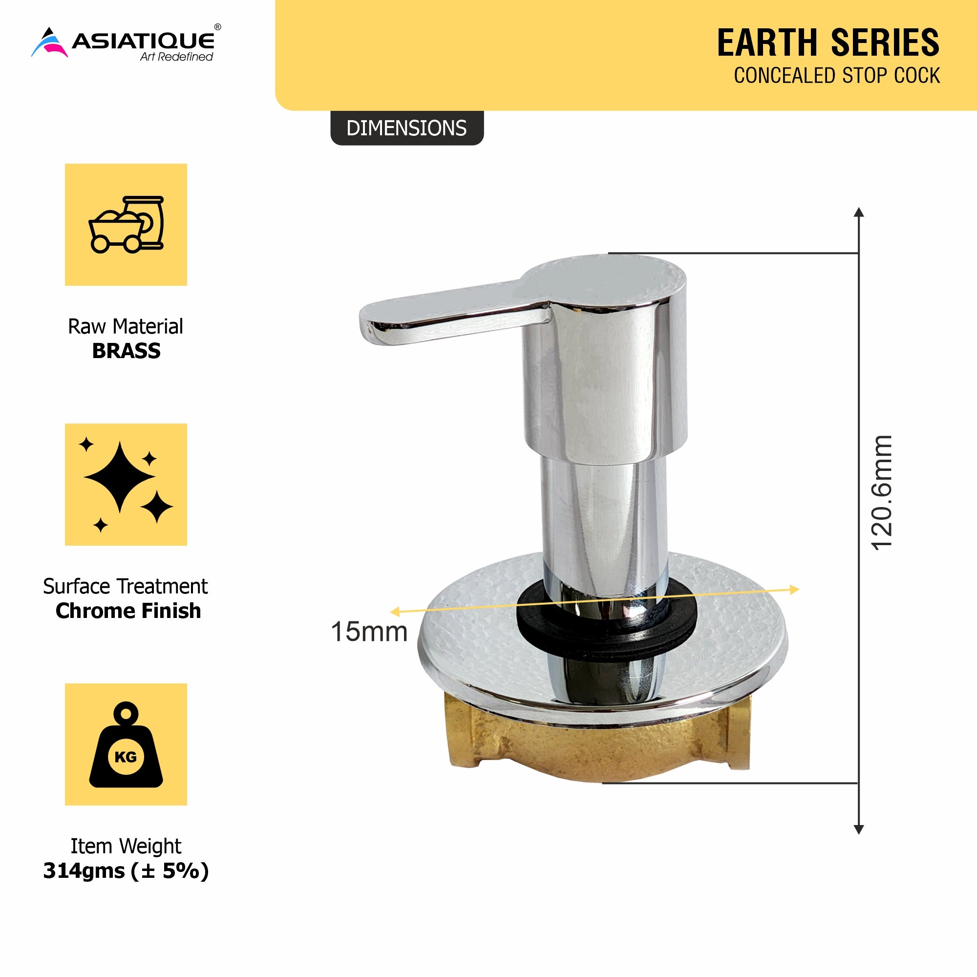 Asiatique Concealed Stop Cock 15mm (ER-006), EARTH Series Bathroom & Kitchen Faucets | Durable Modern Tap Collection