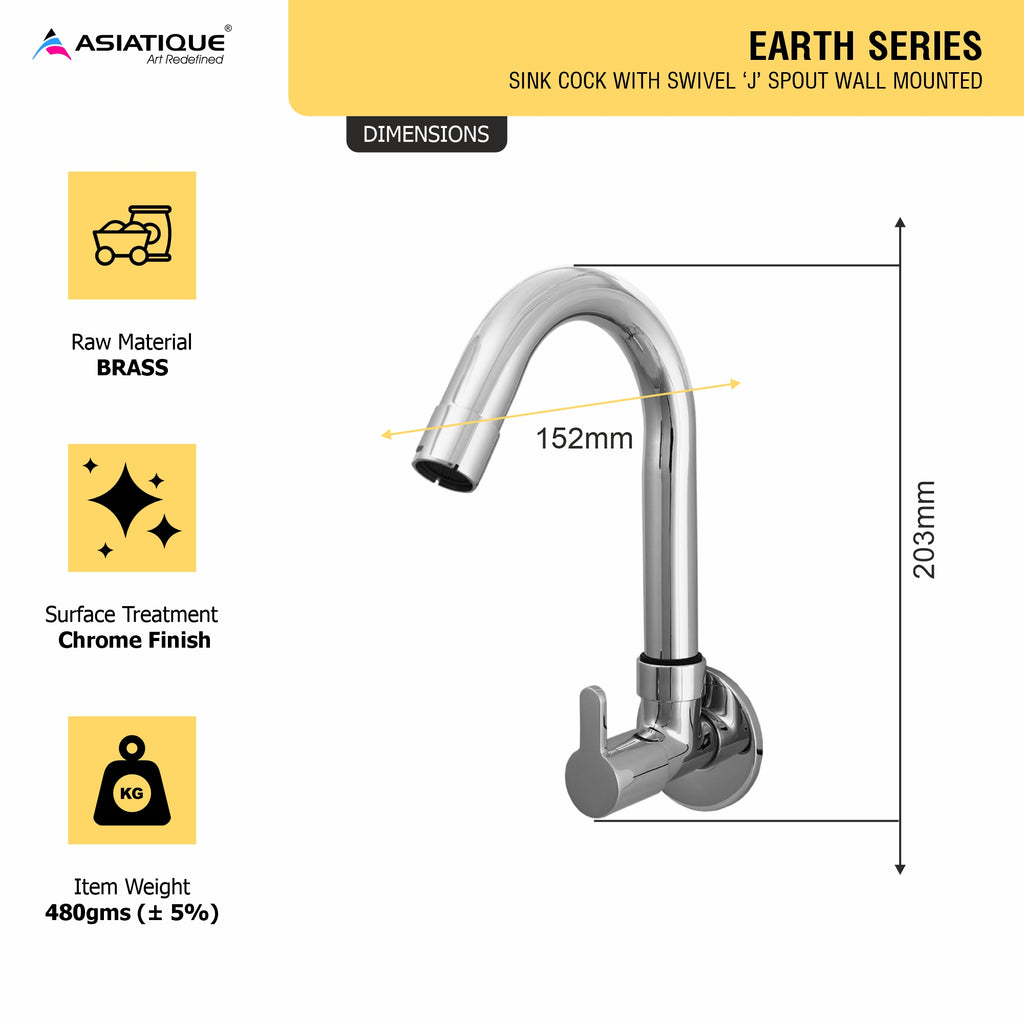 Asiatique Sink Cock With Swivel ‘J’ Spout Wall Mounted (ER-008), EARTH Series Bathroom & Kitchen Faucets | Durable Modern Tap Collection