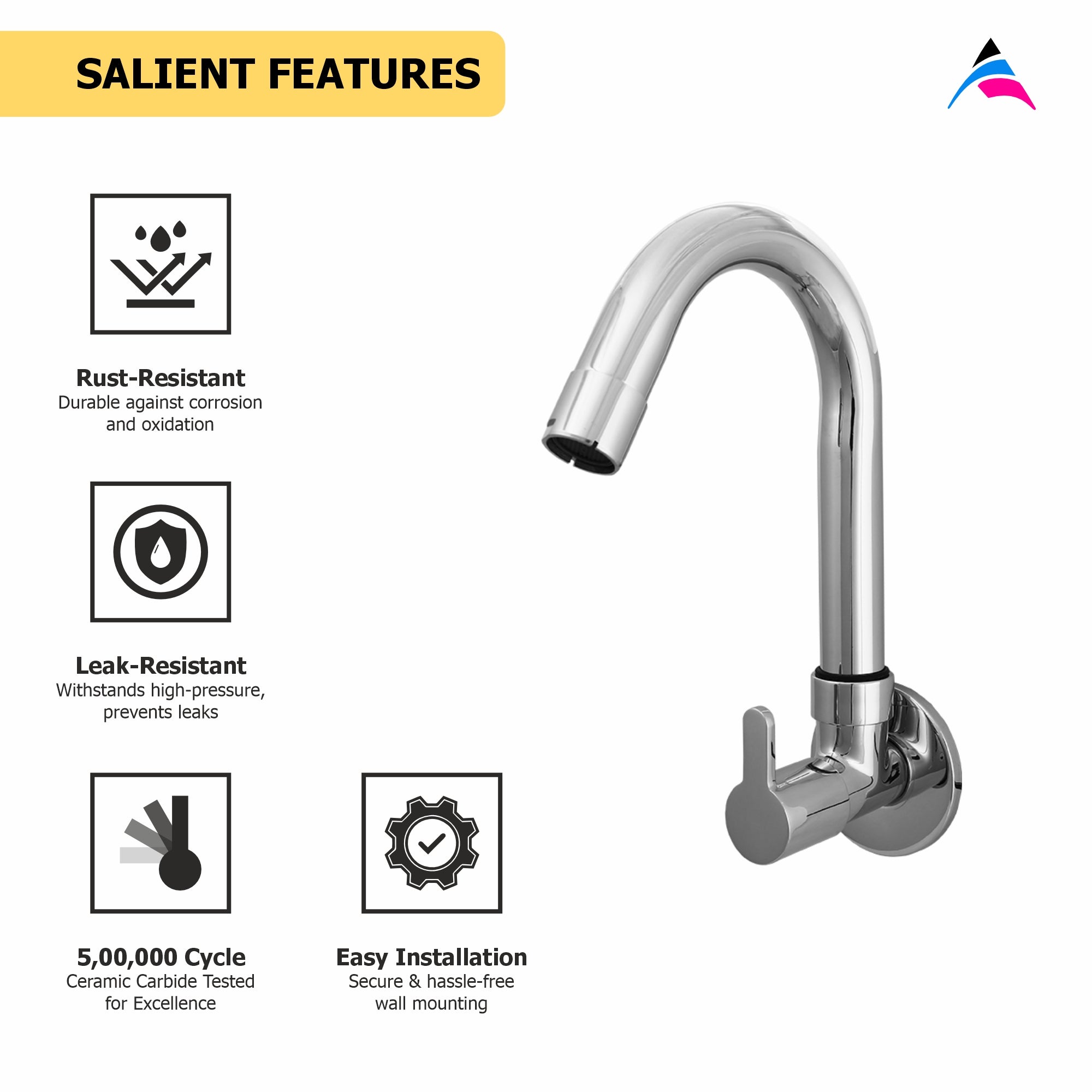 Asiatique Sink Cock With Swivel ‘J’ Spout Wall Mounted (ER-008), EARTH Series Bathroom & Kitchen Faucets | Durable Modern Tap Collection
