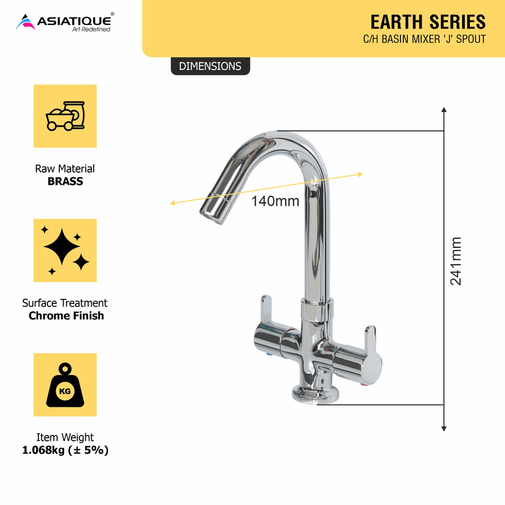 Asiatique C/H Basin Mixer ‘J’ Spout (ER-011), EARTH Series Bathroom & Kitchen Faucets | Durable Modern Tap Collection