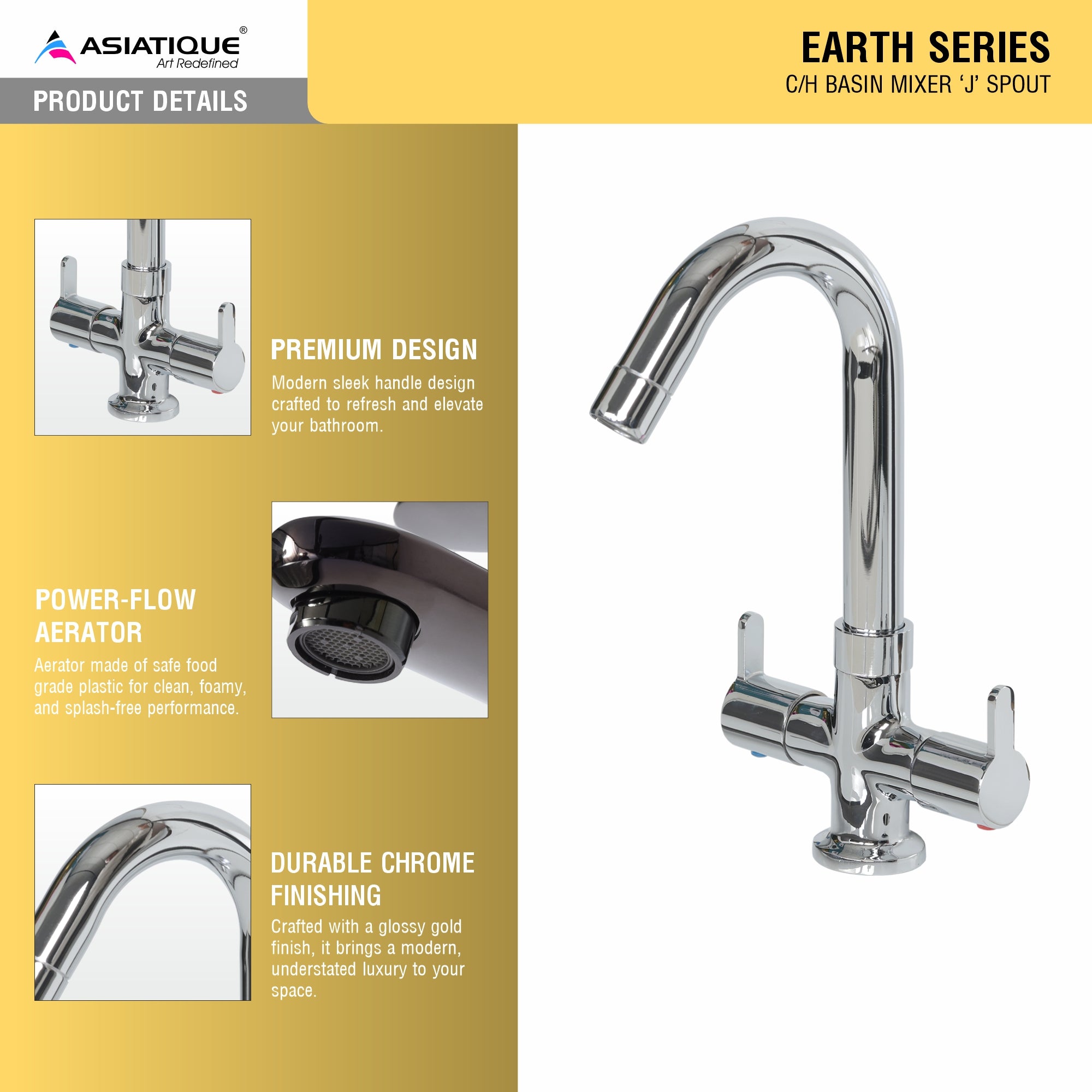 Asiatique C/H Basin Mixer ‘J’ Spout (ER-011), EARTH Series Bathroom & Kitchen Faucets | Durable Modern Tap Collection