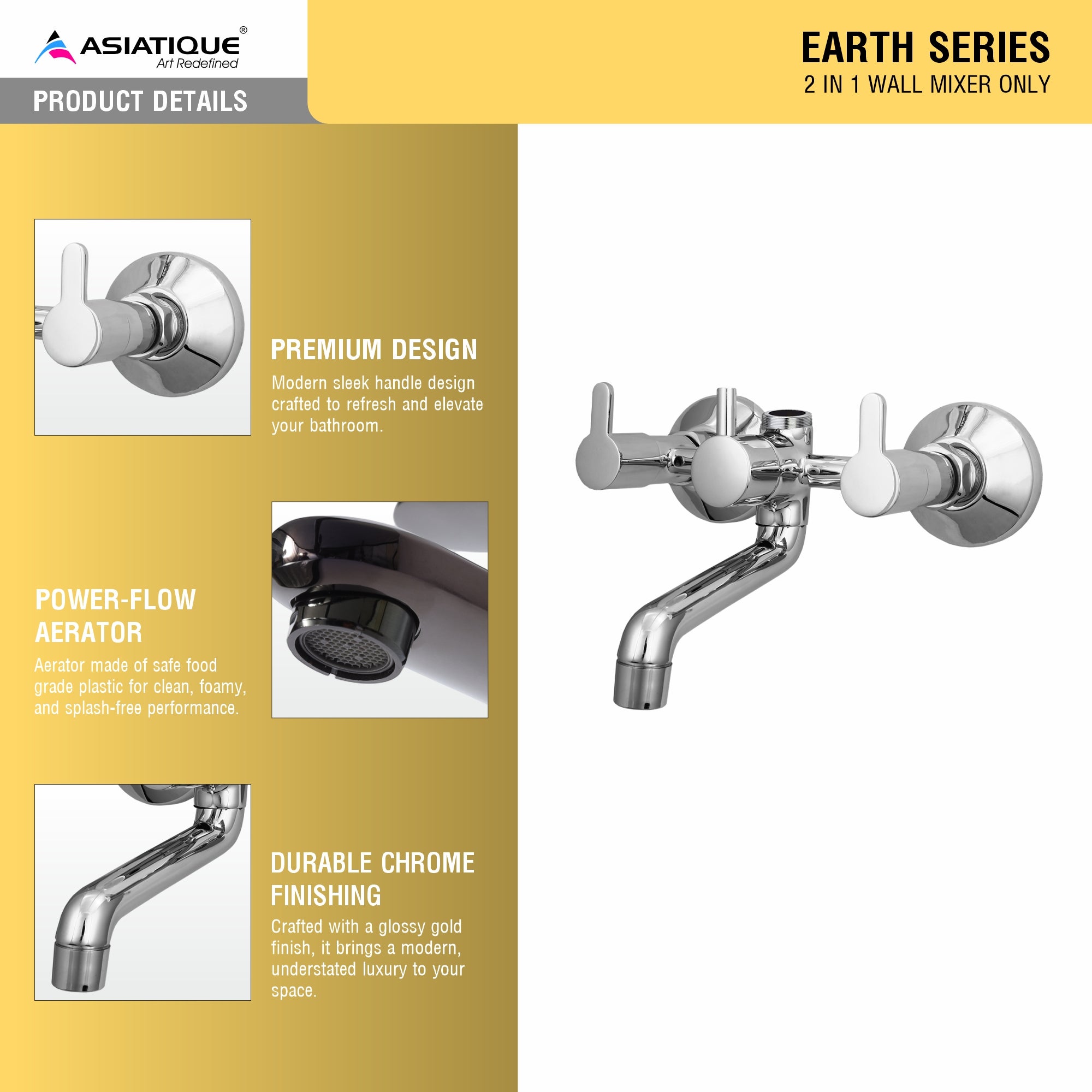 Asiatique 2 in 1 Wall Mixer Only (ER-017), EARTH Series Bathroom & Kitchen Faucets | Durable Modern Tap Collection