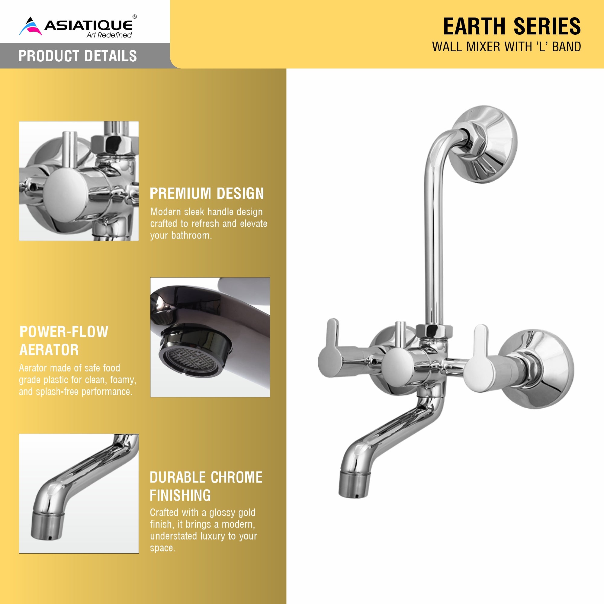 Asiatique Wall Mixer With ‘L’ Bend (ER-017L), EARTH Series Bathroom & Kitchen Faucets | Durable Modern Tap Collection