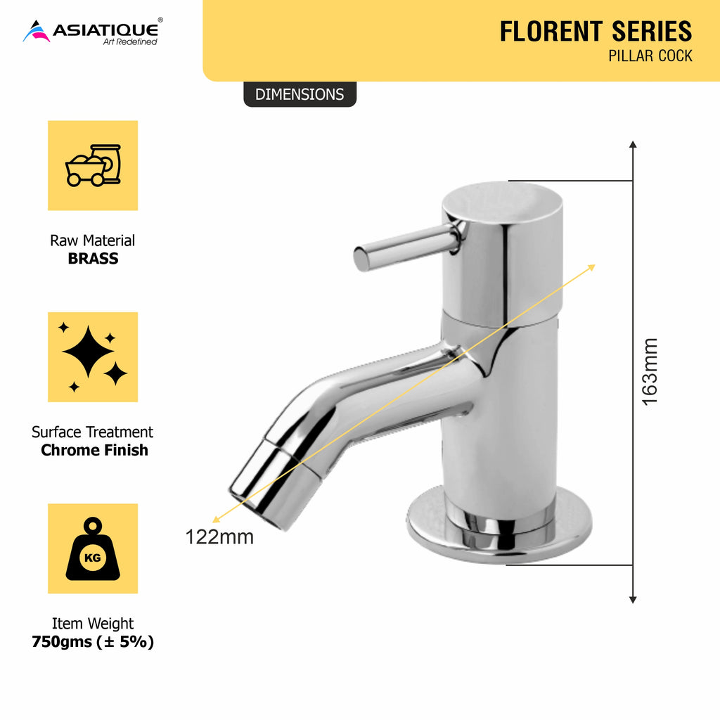 Asiatique Pillar Cock (F-000), Florent Premium Brass Bathroom & Kitchen Faucet Collection, Chrome Finish Mixer, Pillar Cock & Wall Mounted Tap