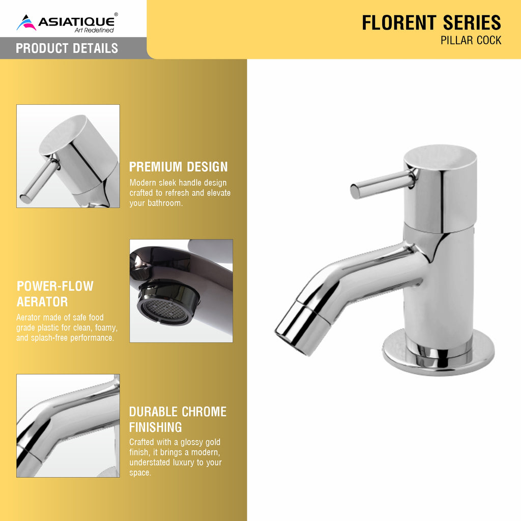 Asiatique Pillar Cock (F-000), Florent Premium Brass Bathroom & Kitchen Faucet Collection, Chrome Finish Mixer, Pillar Cock & Wall Mounted Tap