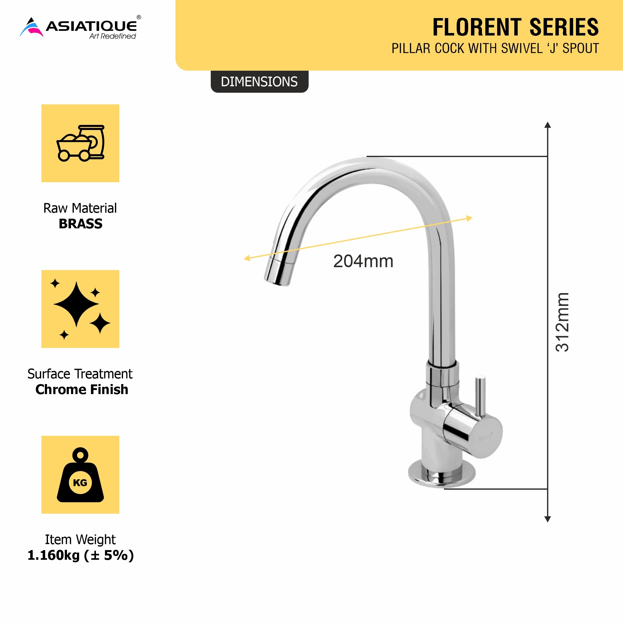 Asiatique Pillar Cock With Swivel ‘J’ Spout (F-002), Florent Premium Brass Bathroom & Kitchen Faucet Collection, Chrome Finish Mixer, Pillar Cock & Wall Mounted Tap