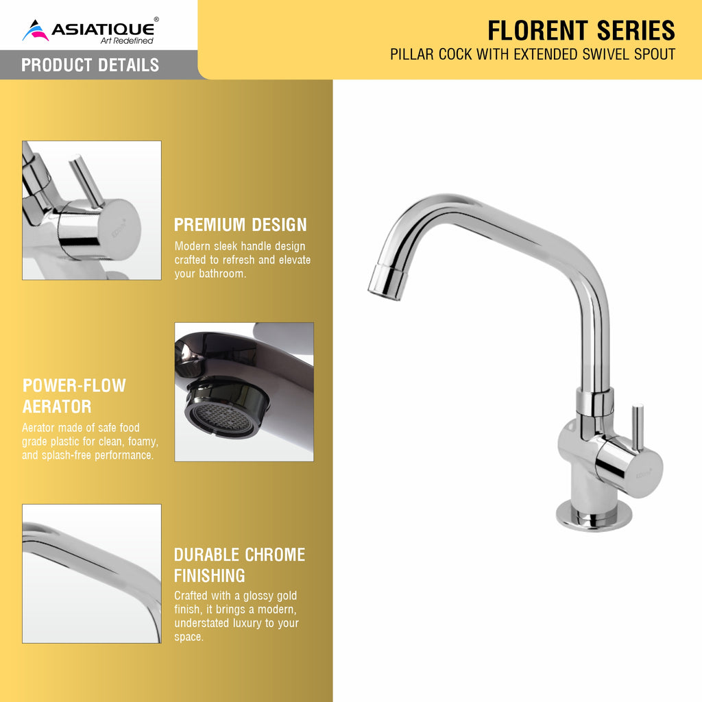 Asiatique Pillar Cock With Extended Swivel Spout (F-002EX), Florent Premium Brass Bathroom & Kitchen Faucet Collection, Chrome Finish Mixer, Pillar Cock & Wall Mounted Tap