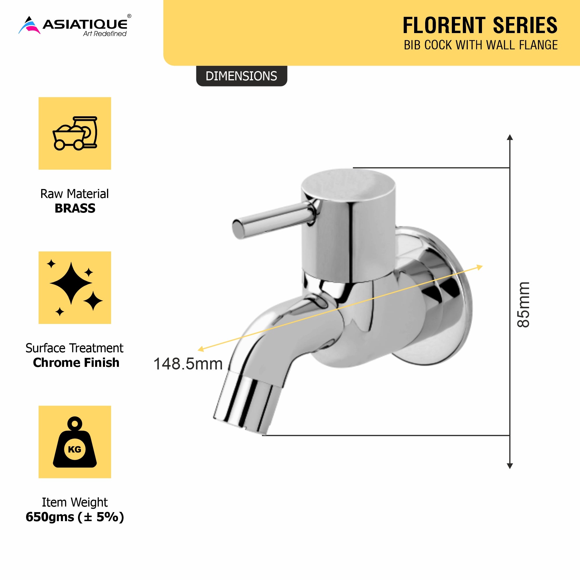 Asiatique Bib Cock With Wall Flange (F-003), Florent Premium Brass Bathroom & Kitchen Faucet Collection, Chrome Finish Mixer, Pillar Cock & Wall Mounted Tap