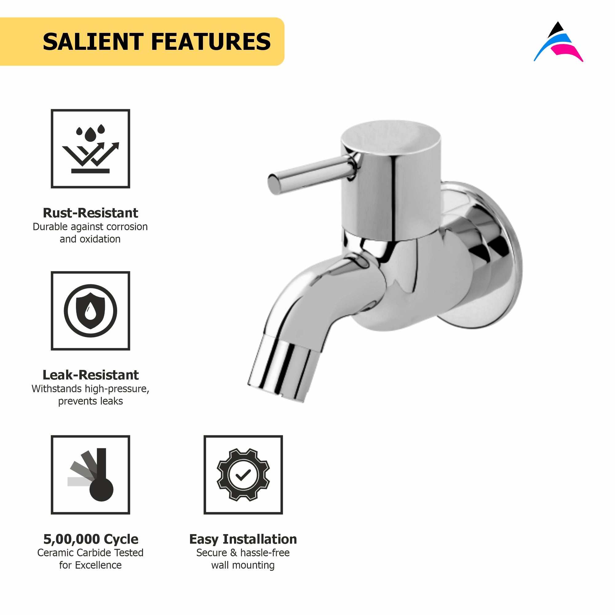 Asiatique Bib Cock With Wall Flange (F-003), Florent Premium Brass Bathroom & Kitchen Faucet Collection, Chrome Finish Mixer, Pillar Cock & Wall Mounted Tap