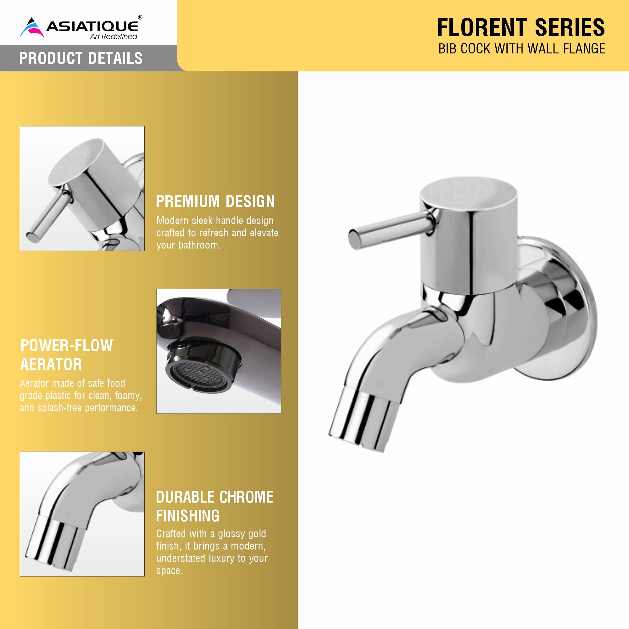 Asiatique Bib Cock With Wall Flange (F-003), Florent Premium Brass Bathroom & Kitchen Faucet Collection, Chrome Finish Mixer, Pillar Cock & Wall Mounted Tap