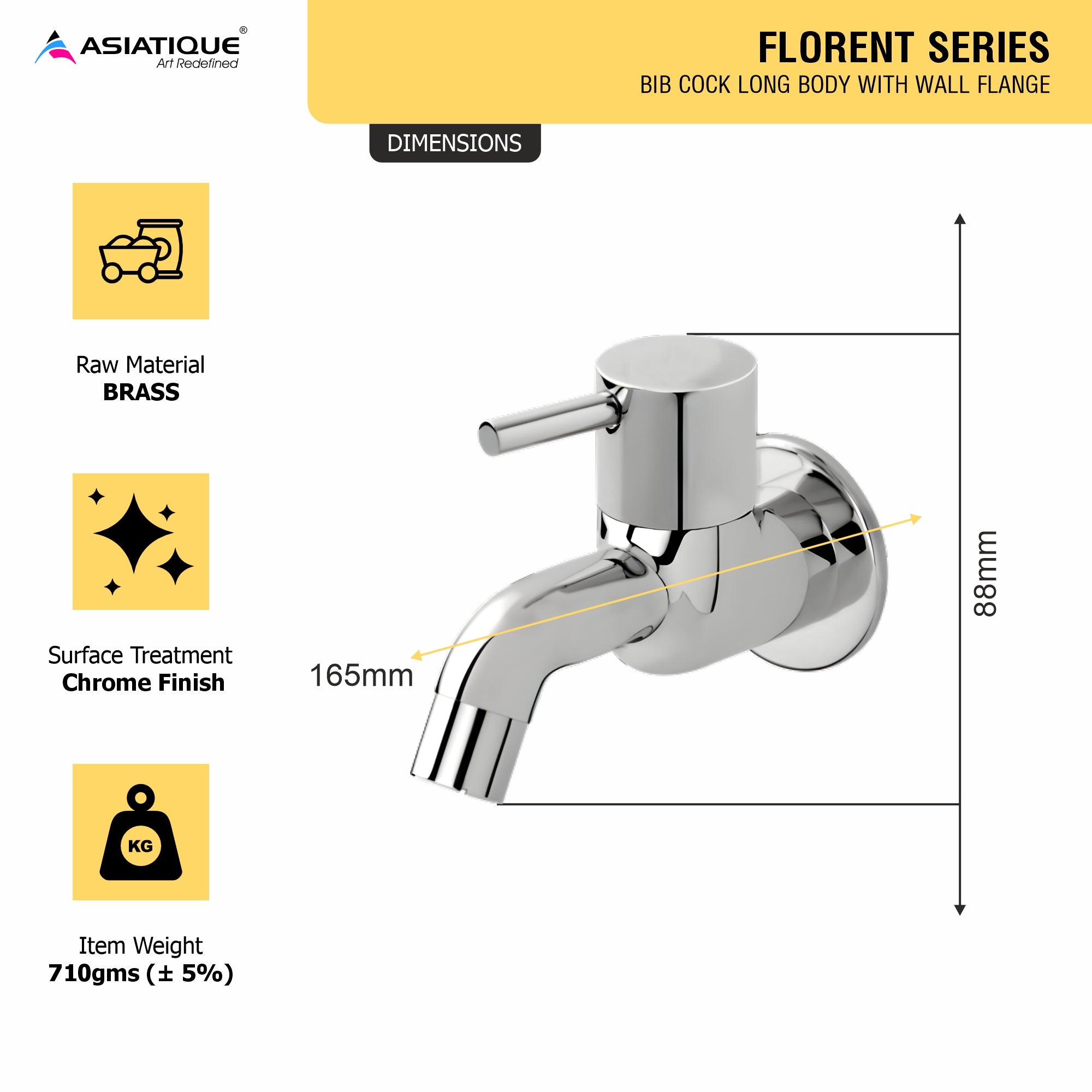 Asiatique Bib Cock Long Body With Wall Flange (F-004), Florent Premium Brass Bathroom & Kitchen Faucet Collection, Chrome Finish Mixer, Pillar Cock & Wall Mounted Tap