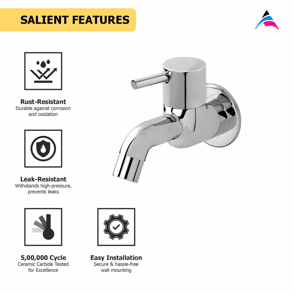 Asiatique Bib Cock Long Body With Wall Flange (F-004), Florent Premium Brass Bathroom & Kitchen Faucet Collection, Chrome Finish Mixer, Pillar Cock & Wall Mounted Tap