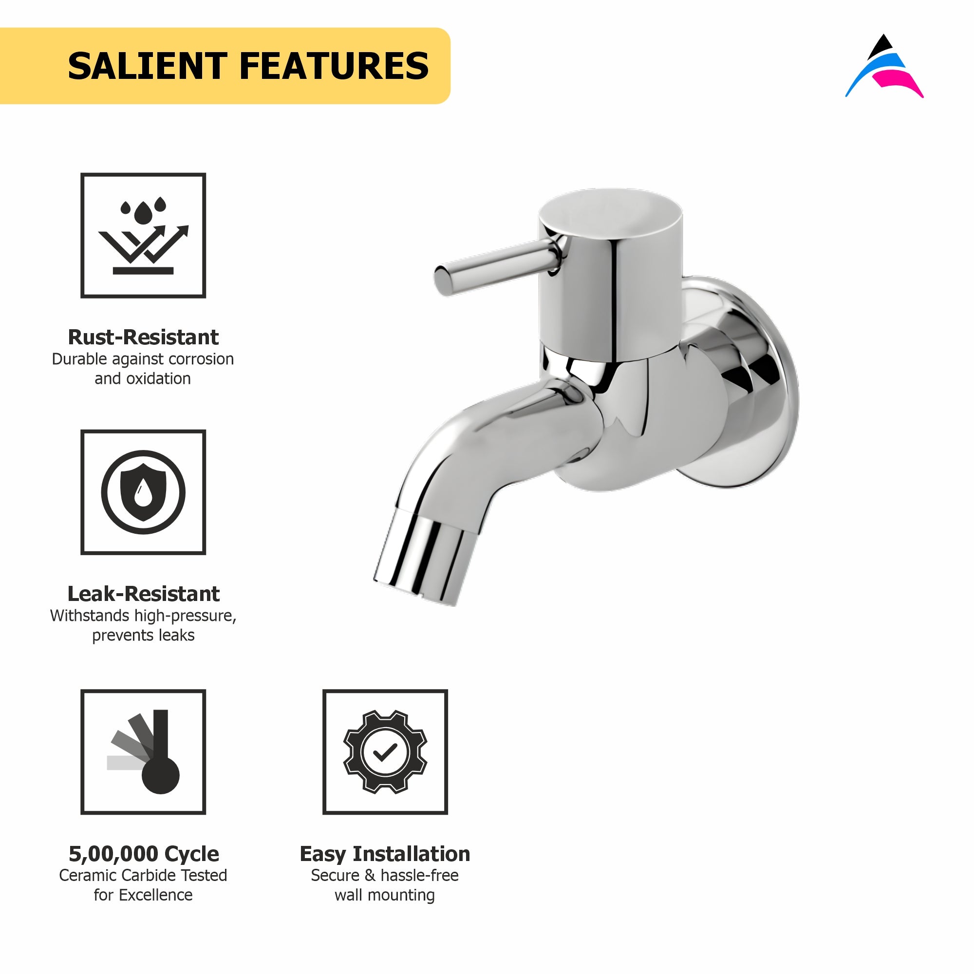 Asiatique Bib Cock Long Body With Wall Flange (F-004), Florent Premium Brass Bathroom & Kitchen Faucet Collection, Chrome Finish Mixer, Pillar Cock & Wall Mounted Tap
