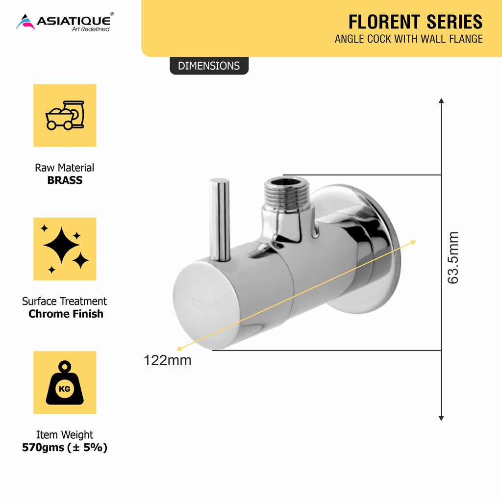 Asiatique Angle Cock With Wall Flange (F-005), Florent Premium Brass Bathroom & Kitchen Faucet Collection, Chrome Finish Mixer, Pillar Cock & Wall Mounted Tap