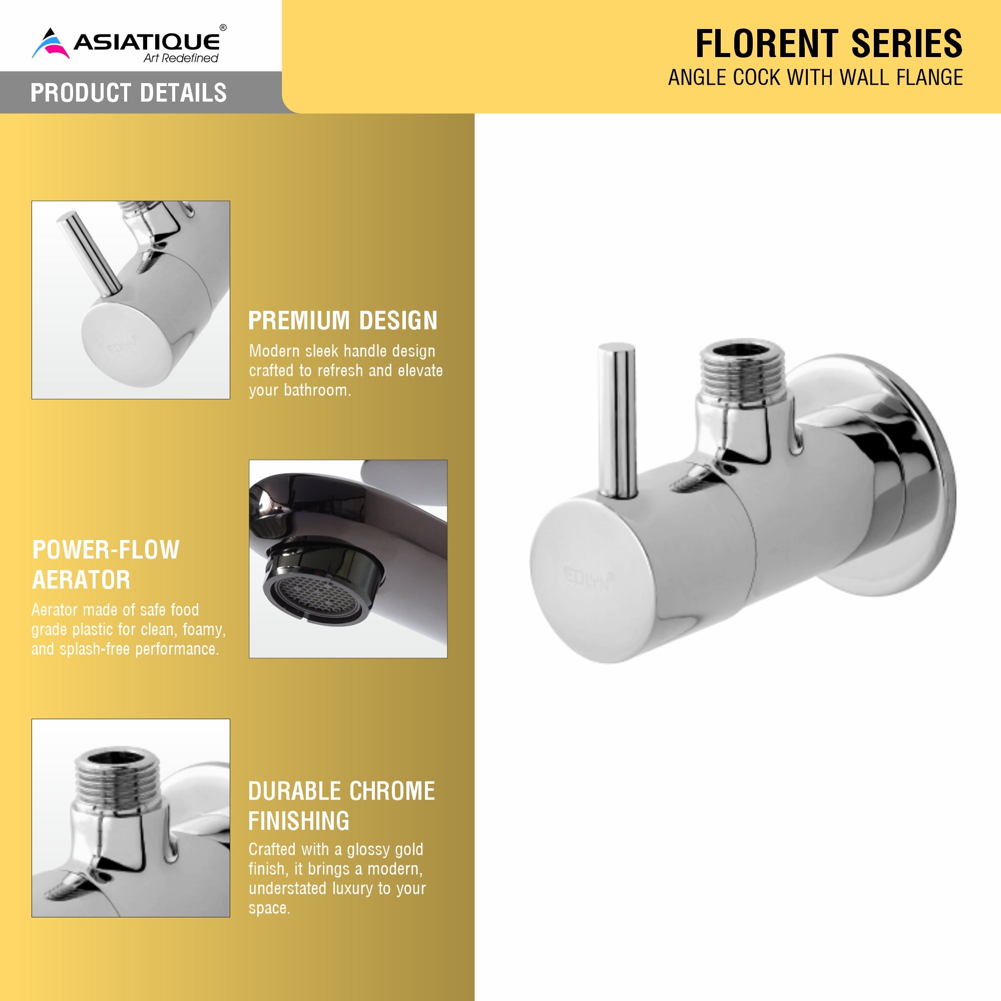 Asiatique Angle Cock With Wall Flange (F-005), Florent Premium Brass Bathroom & Kitchen Faucet Collection, Chrome Finish Mixer, Pillar Cock & Wall Mounted Tap